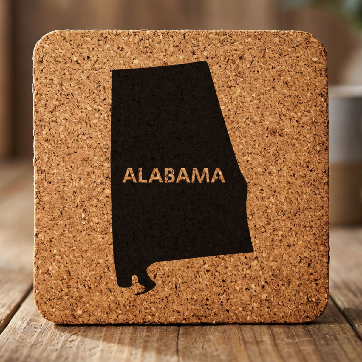 Alabama square cork coaster engraved with the state shape and ALABAMA in bold lettering