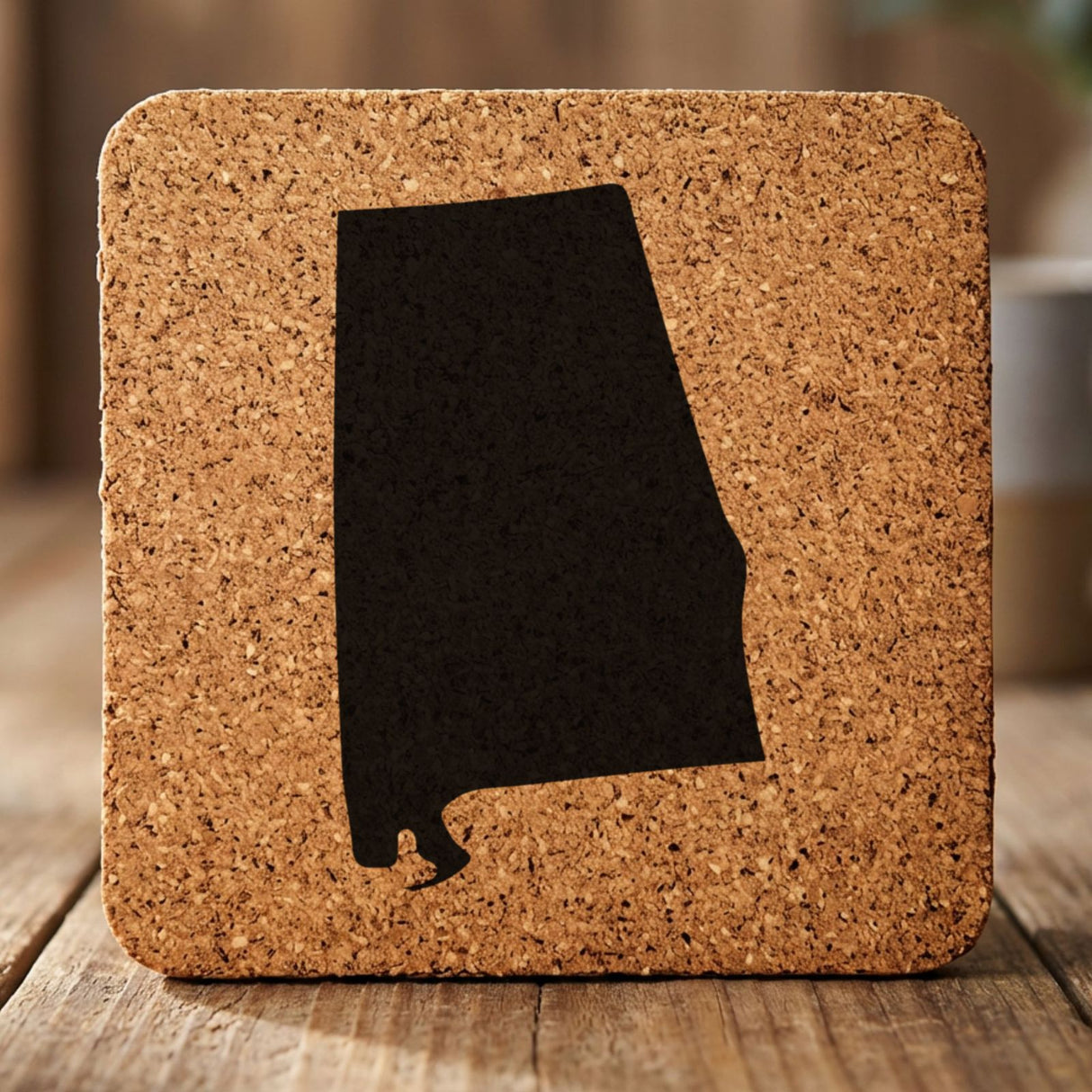 Alabama square cork coaster with the full state shape engraved