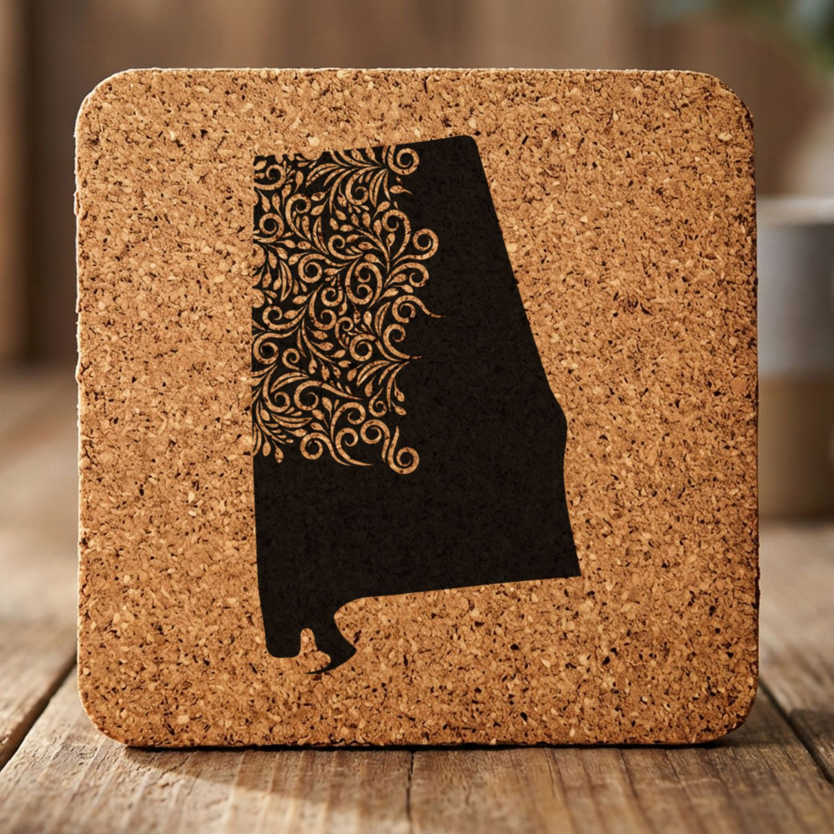 Alabama square cork coaster engraved with the state shape in ornate floral scrollwork