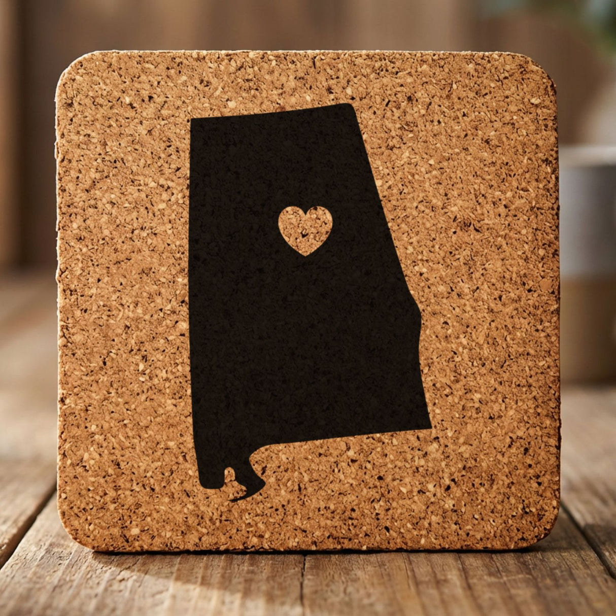 Alabama square cork coaster engraved with the state shape and a heart