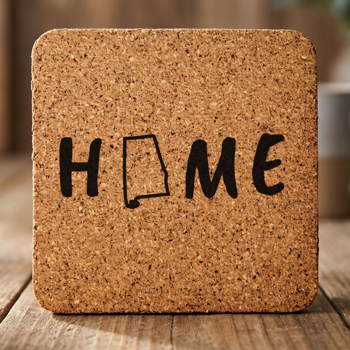 Alabama square cork coaster engraved with HOME using the state outline as the letter O