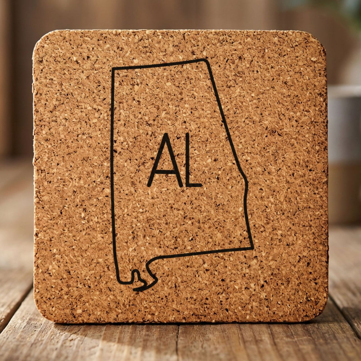 Alabama square cork coaster engraved with the state outline and AL initials