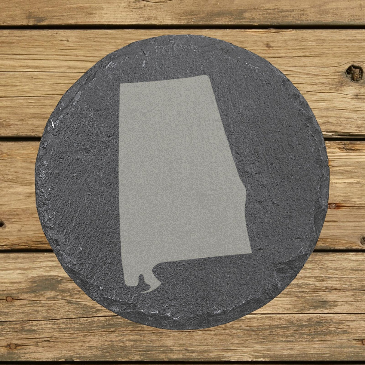 Alabama round slate coaster with the full state shape engraved