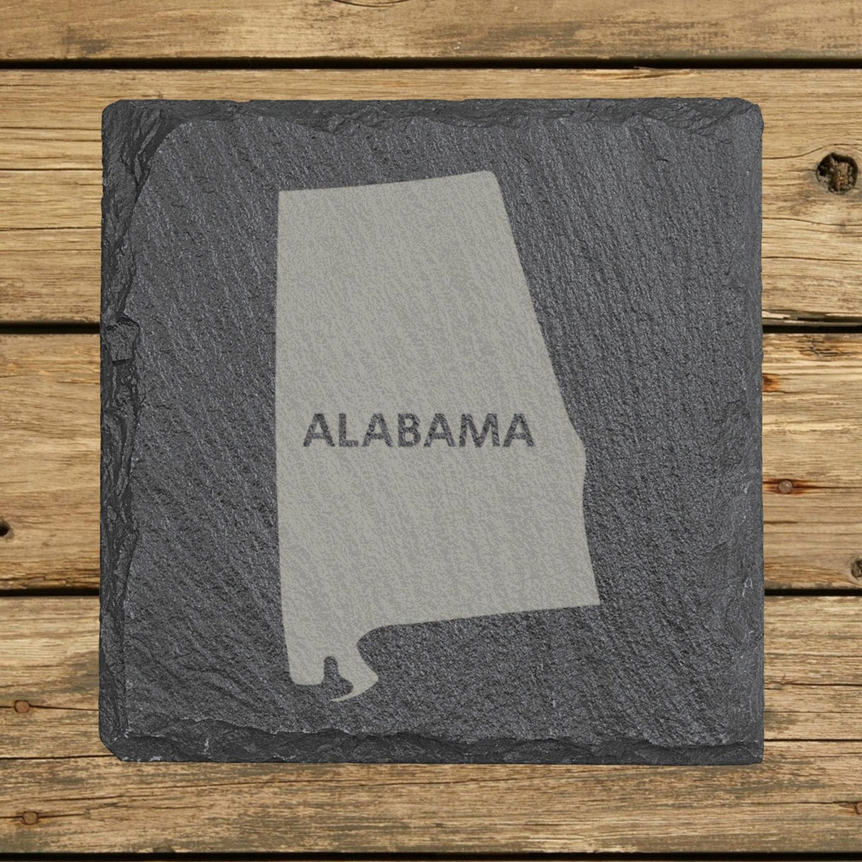 Alabama square slate coaster engraved with the state shape and ALABAMA in bold lettering
