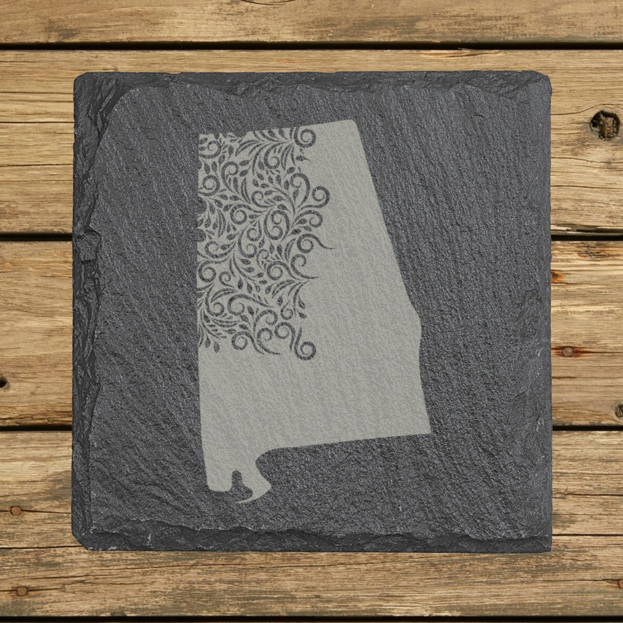 Alabama square slate coaster engraved with the state shape in ornate floral scrollwork