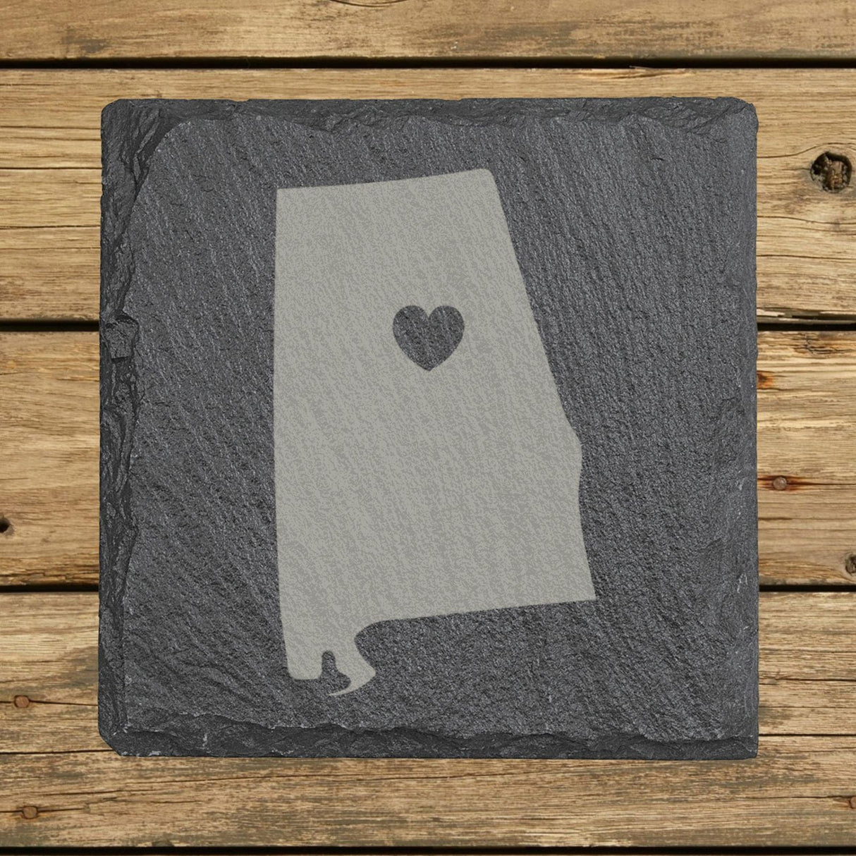 Alabama square slate coaster engraved with the state shape and a heart