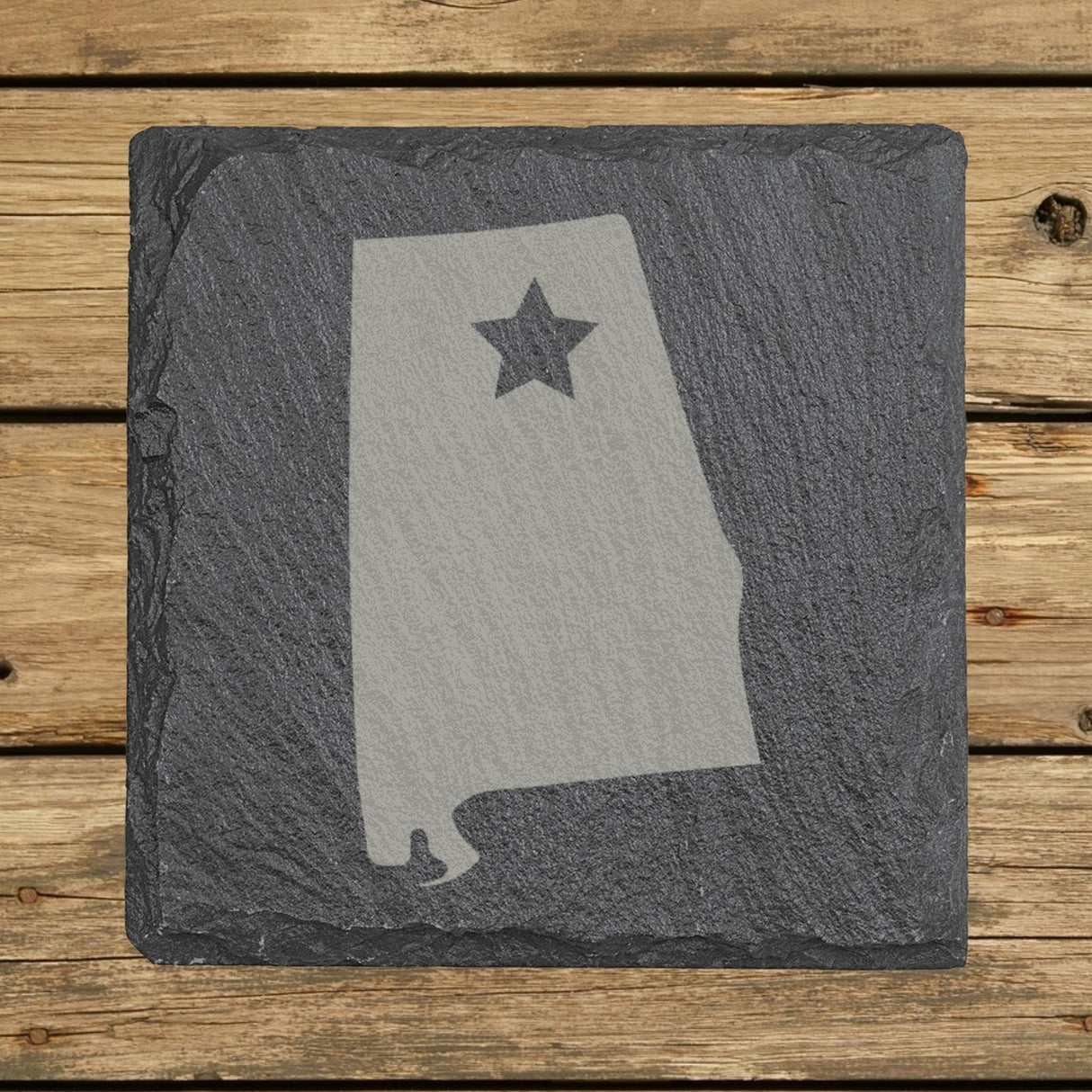 Alabama square slate coaster engraved with the state shape and a star