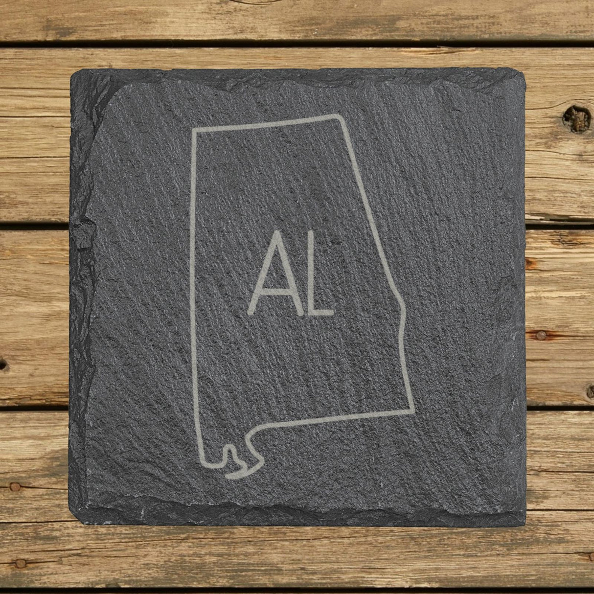 Alabama square slate coaster engraved with the state outline and AL initials