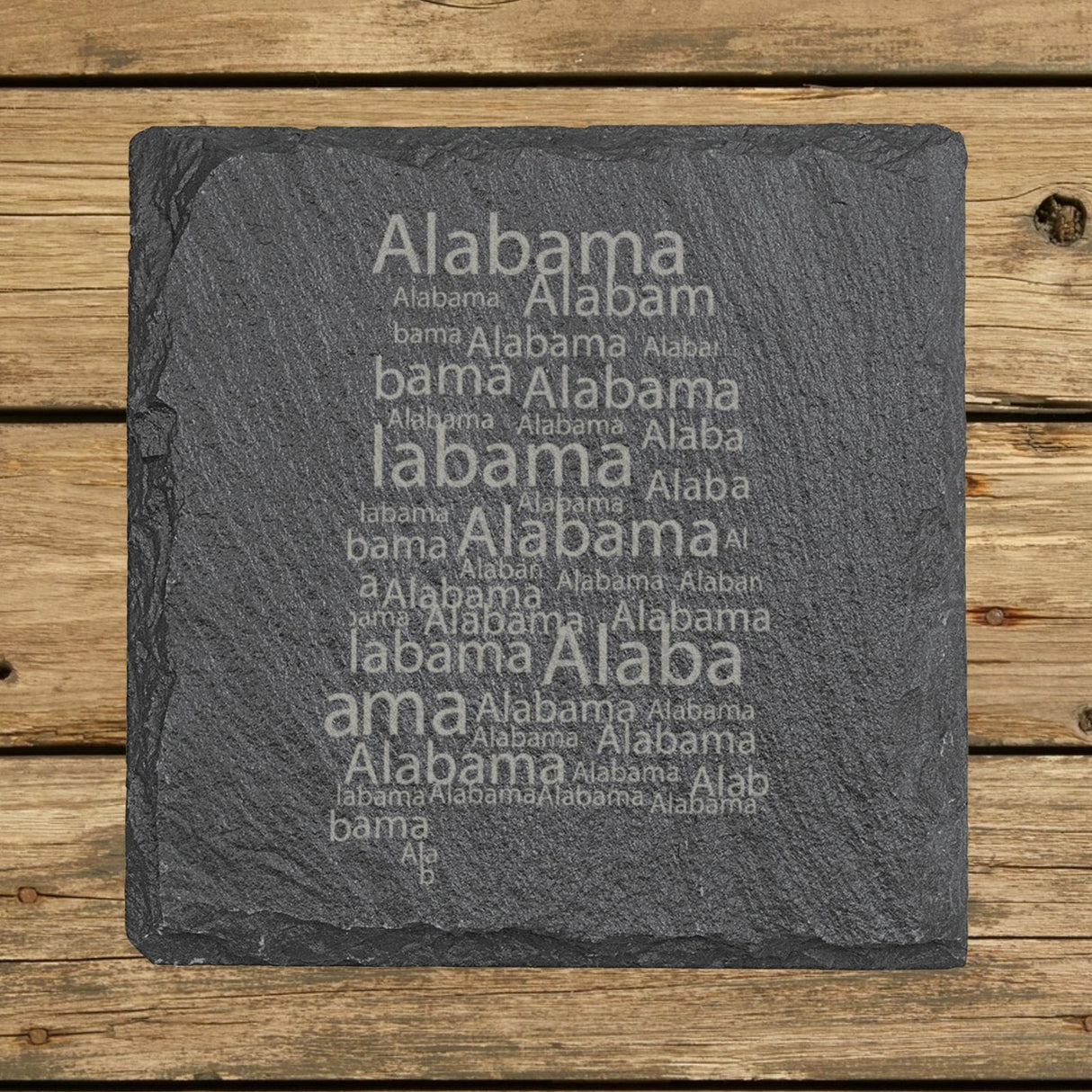 Alabama square slate coaster engraved with a word cloud of repeating Alabama text