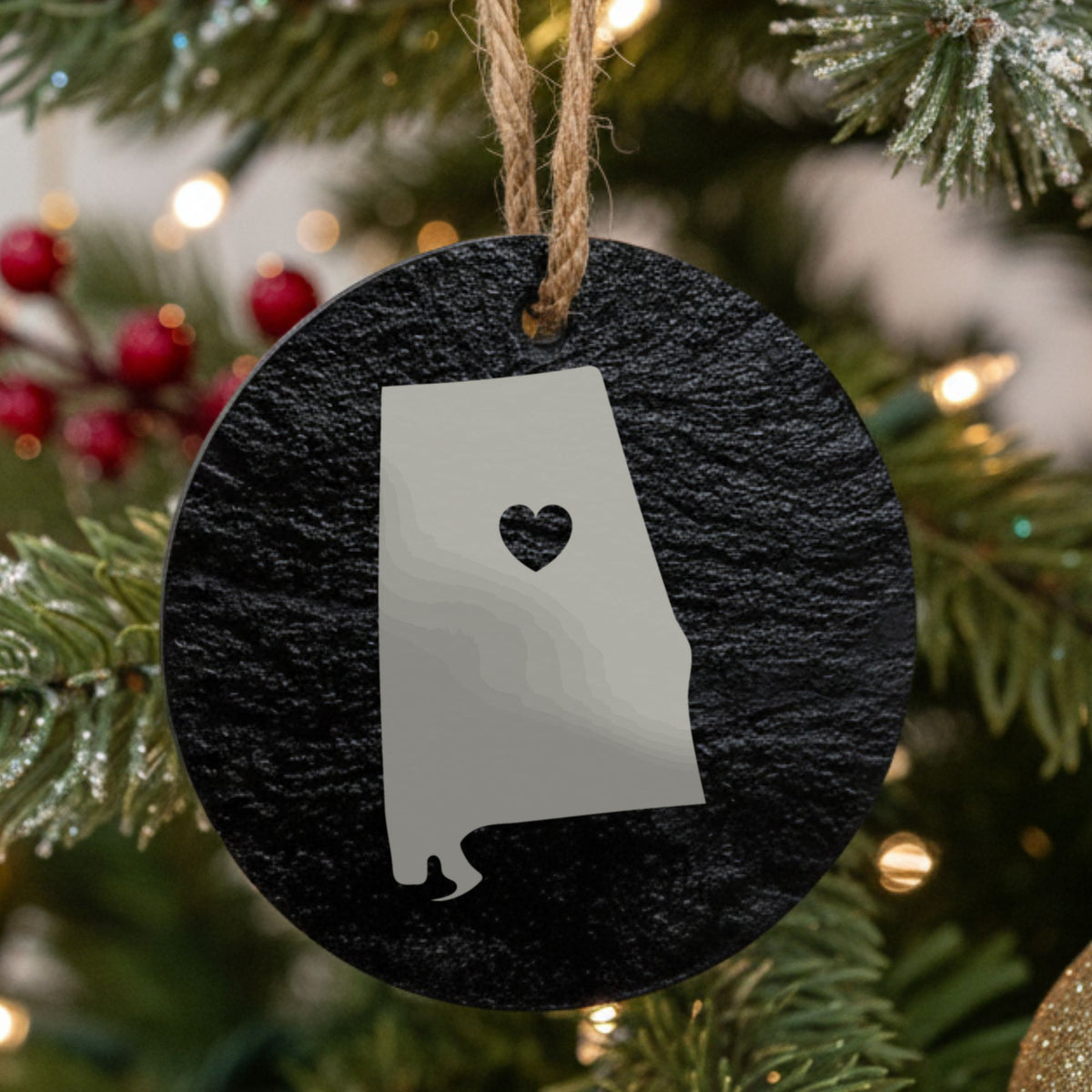 Alabama round slate Christmas ornament engraved with the state shape and a heart
