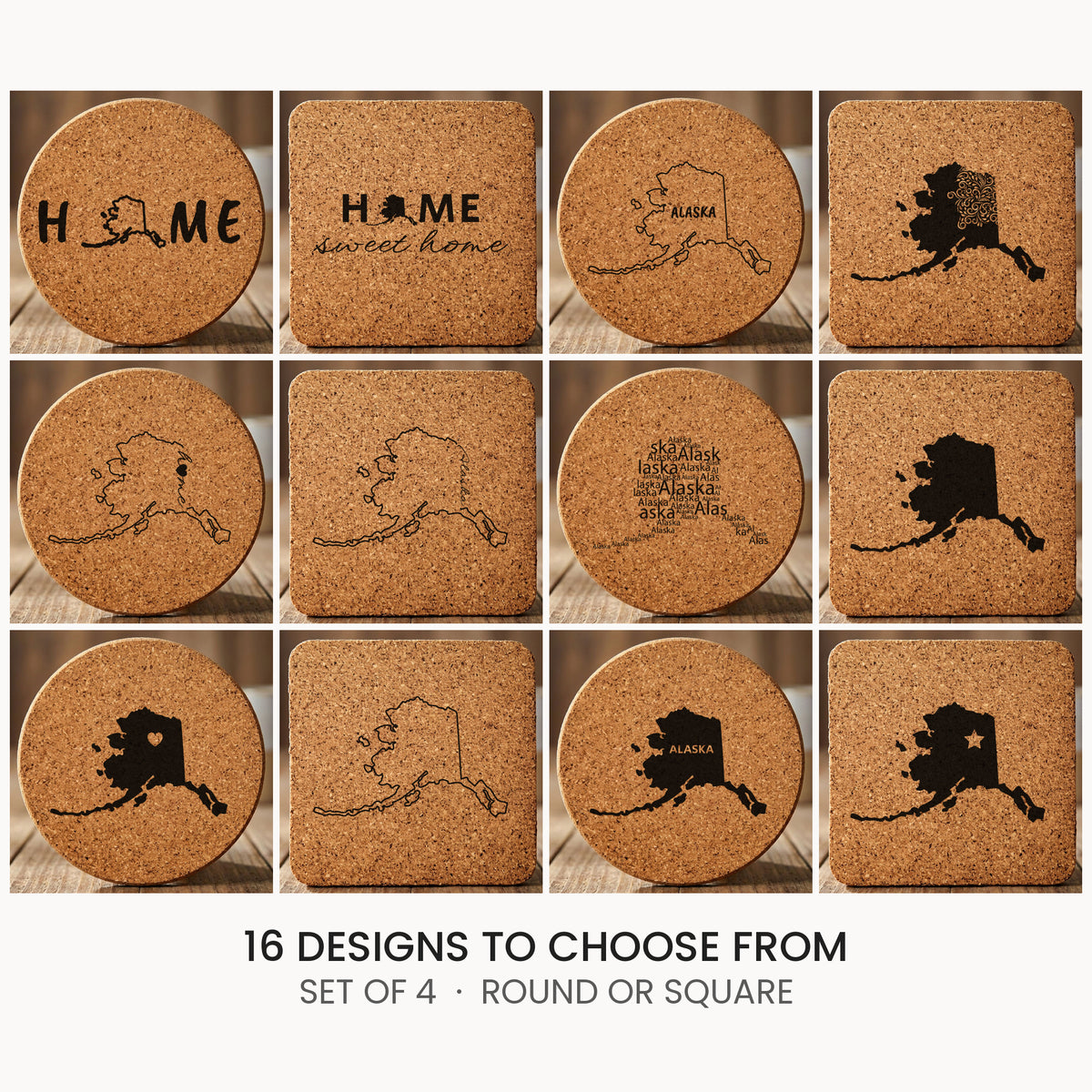 Alaska cork coaster set, laser engraved natural cork