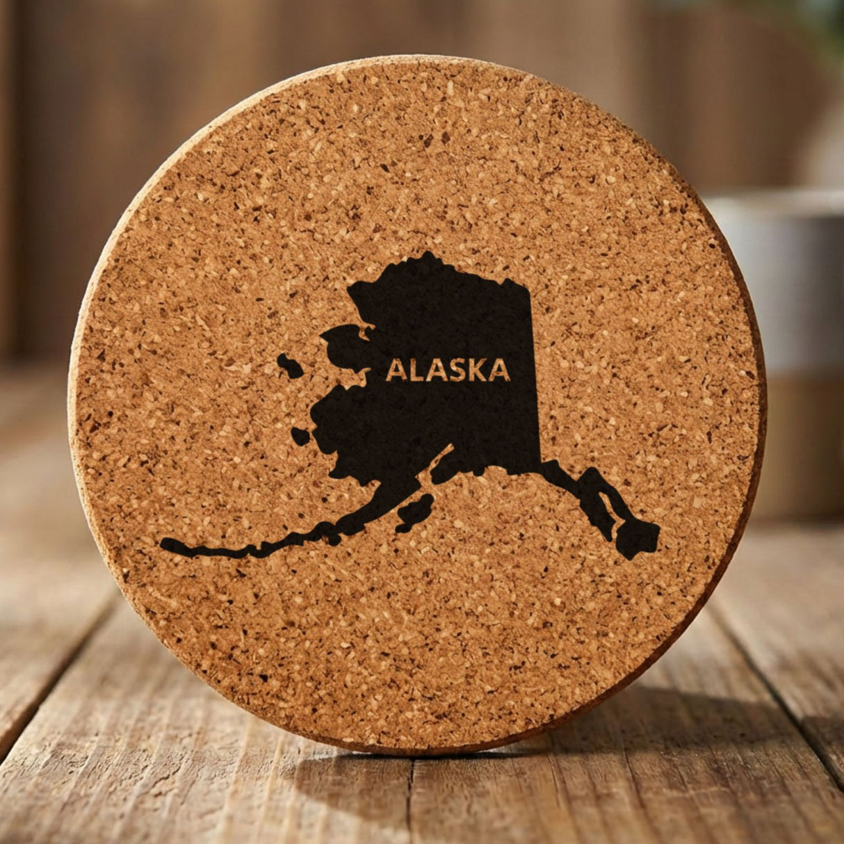 Alaska round cork coaster engraved with the state shape and ALASKA in bold lettering