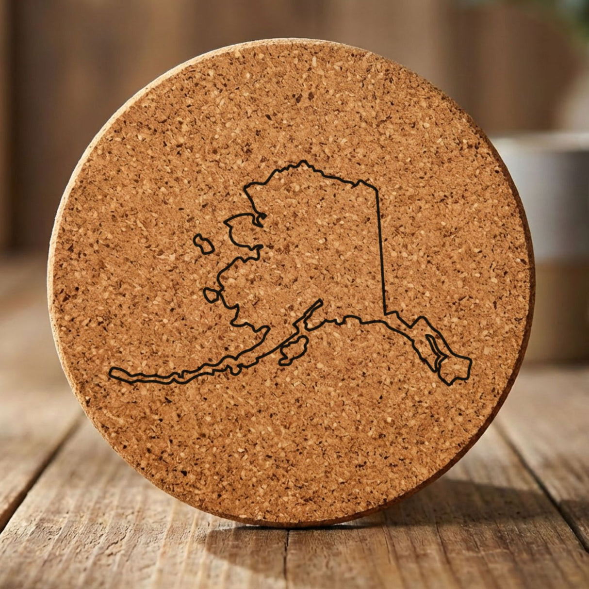 Alaska round cork coaster engraved with a clean state outline