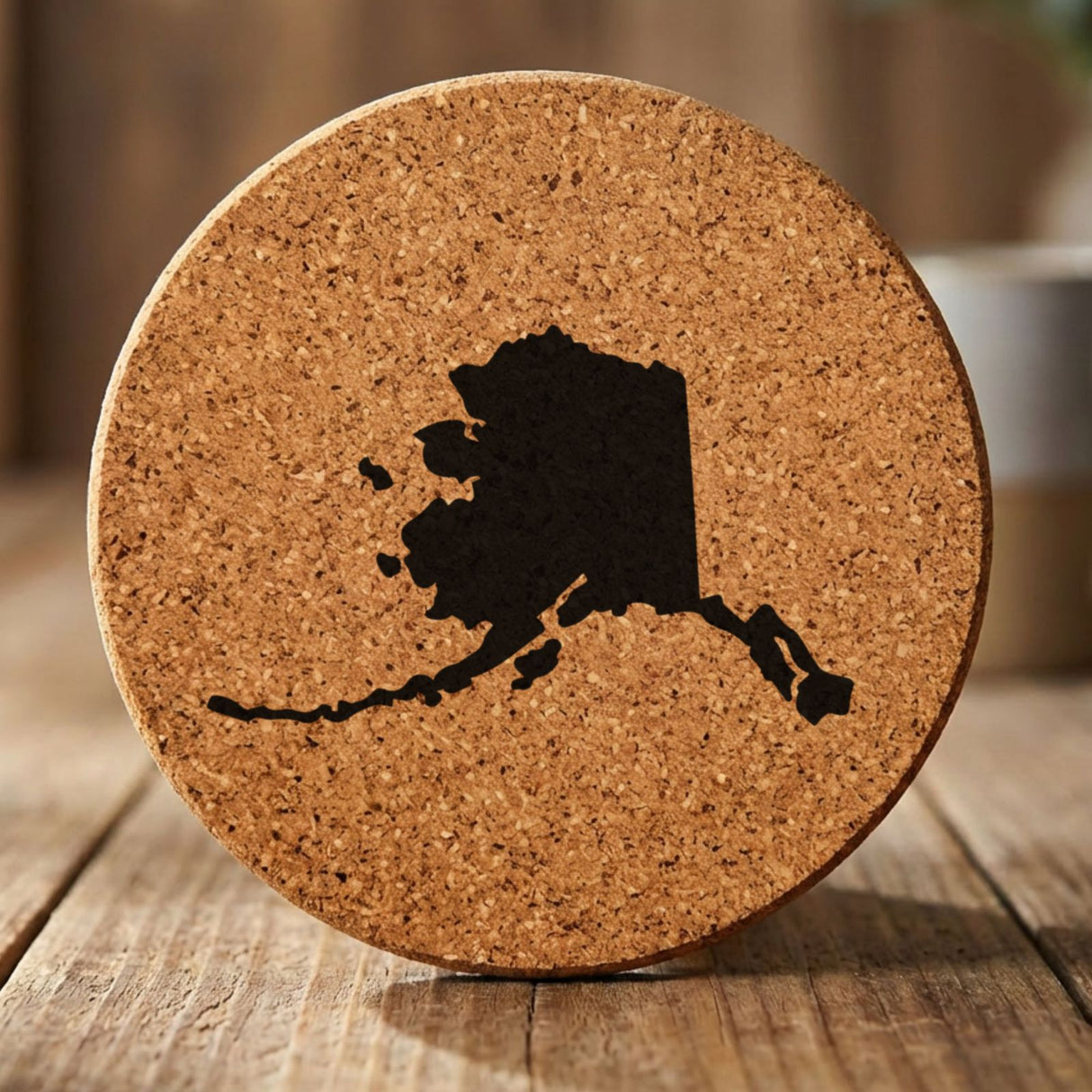Alaska round cork coaster with the full state shape engraved
