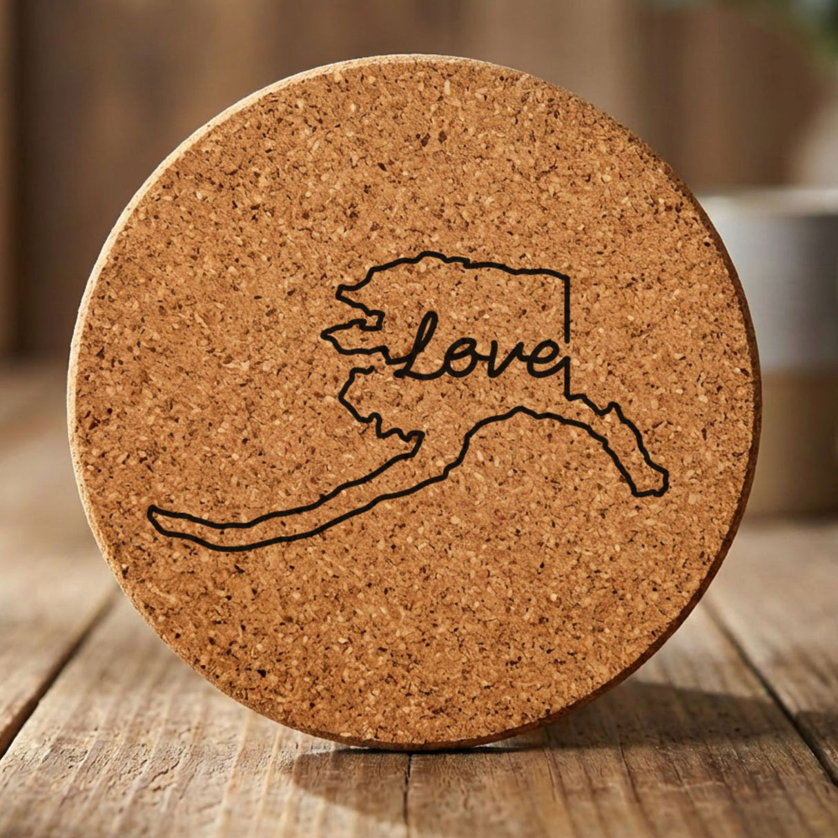 Alaska round cork coaster engraved with a hand-drawn state outline and love in cursive