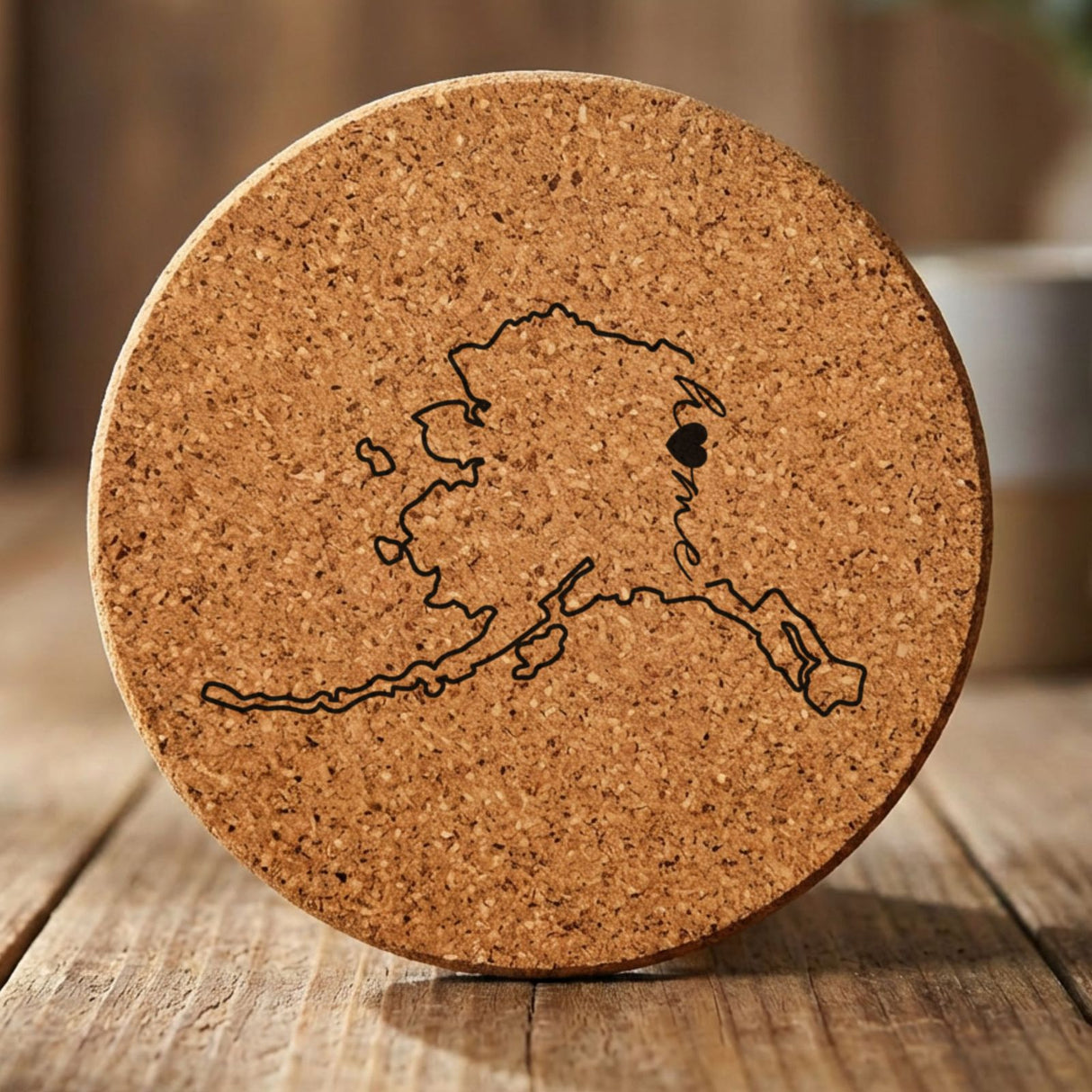 Alaska round cork coaster engraved with the state outline and home in script with a heart