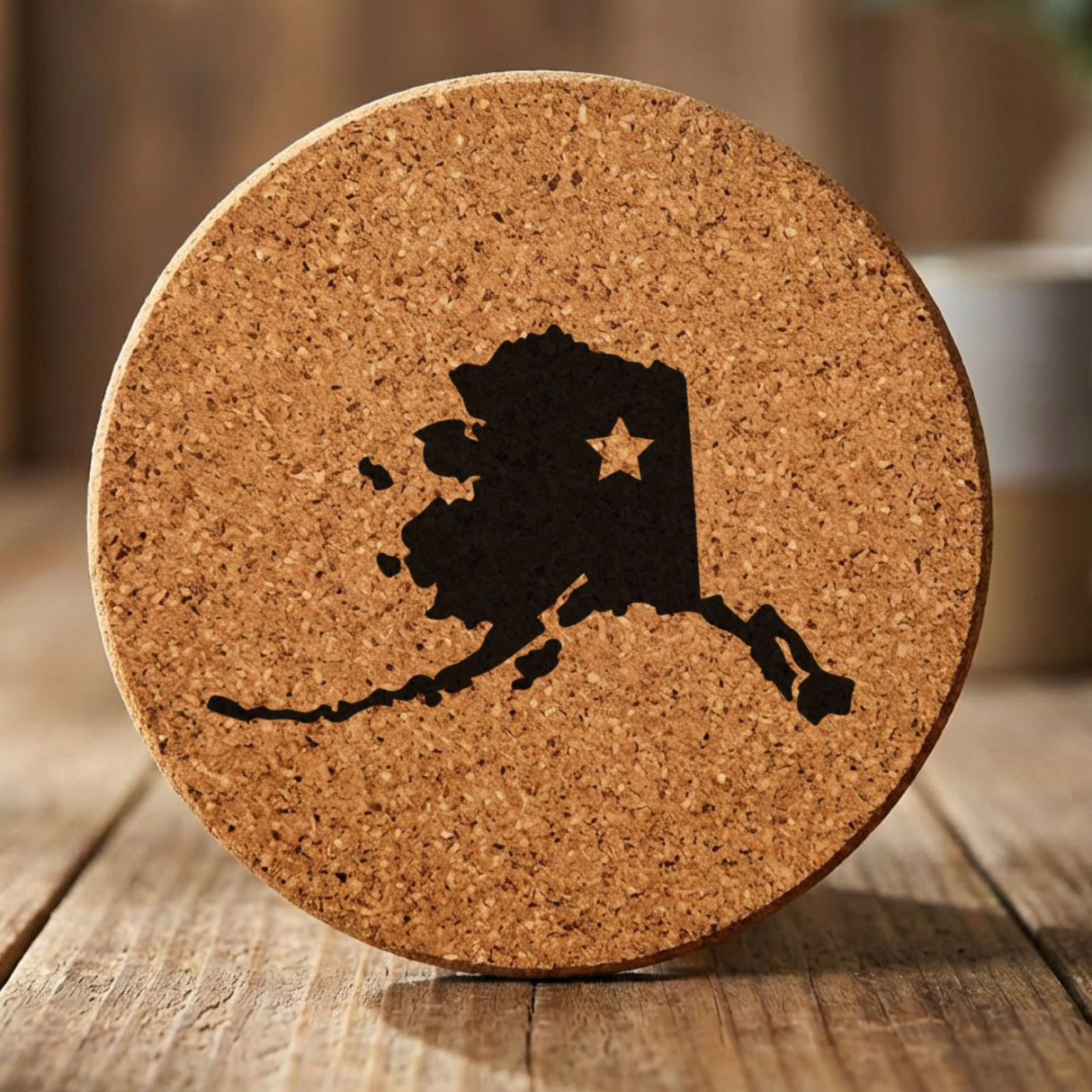 Alaska round cork coaster engraved with the state shape and a star