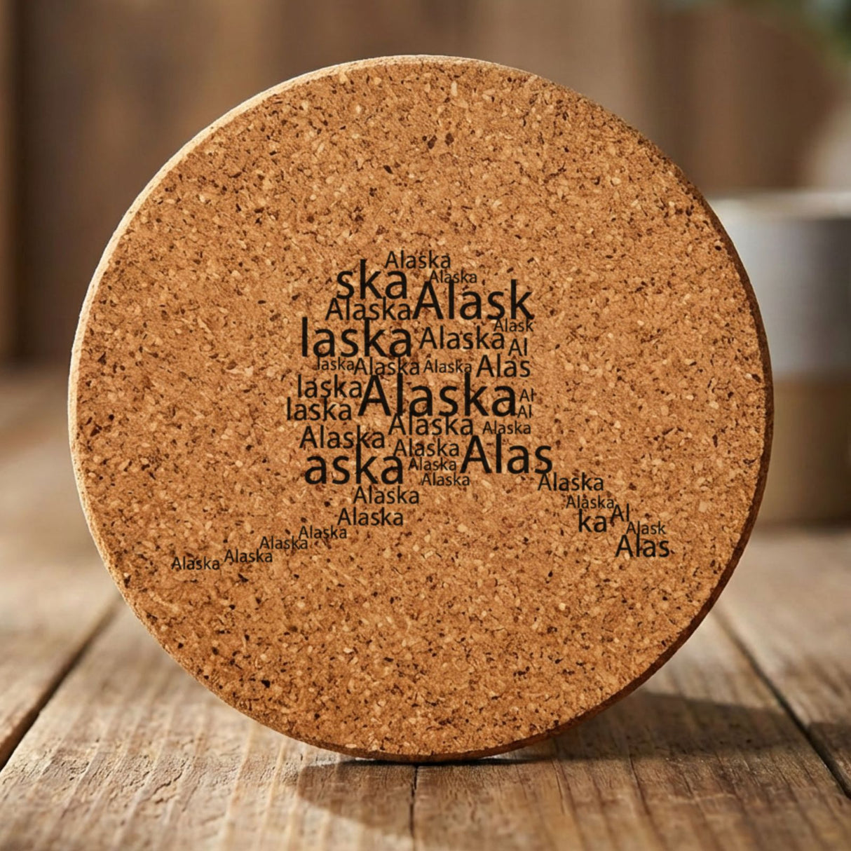 Alaska round cork coaster engraved with a word cloud of repeating Alaska text