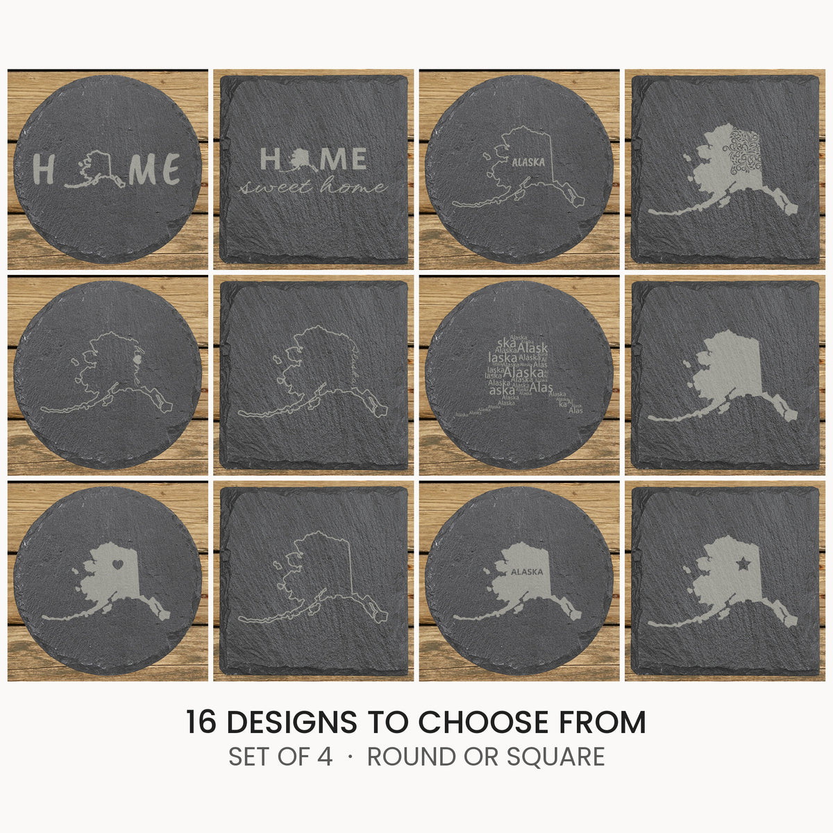 Alaska slate coaster set, laser engraved natural stone