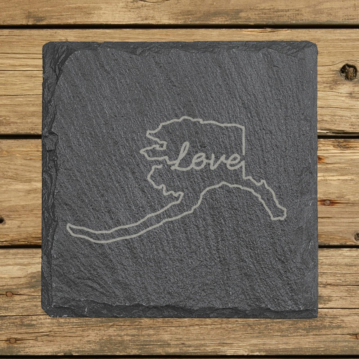 Alaska square slate coaster engraved with a hand-drawn state outline and love in cursive