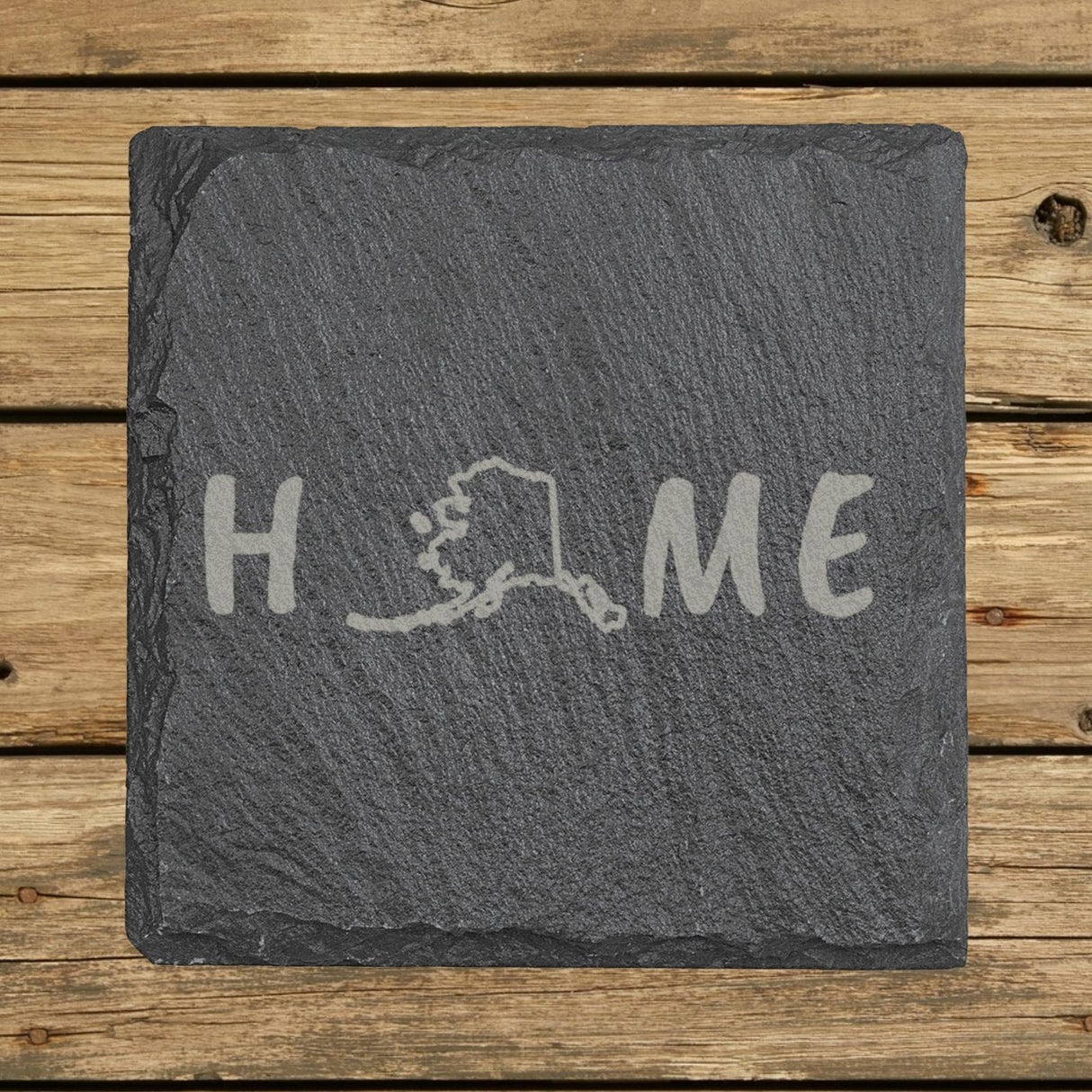 Alaska square slate coaster engraved with HOME using the state outline as the letter O
