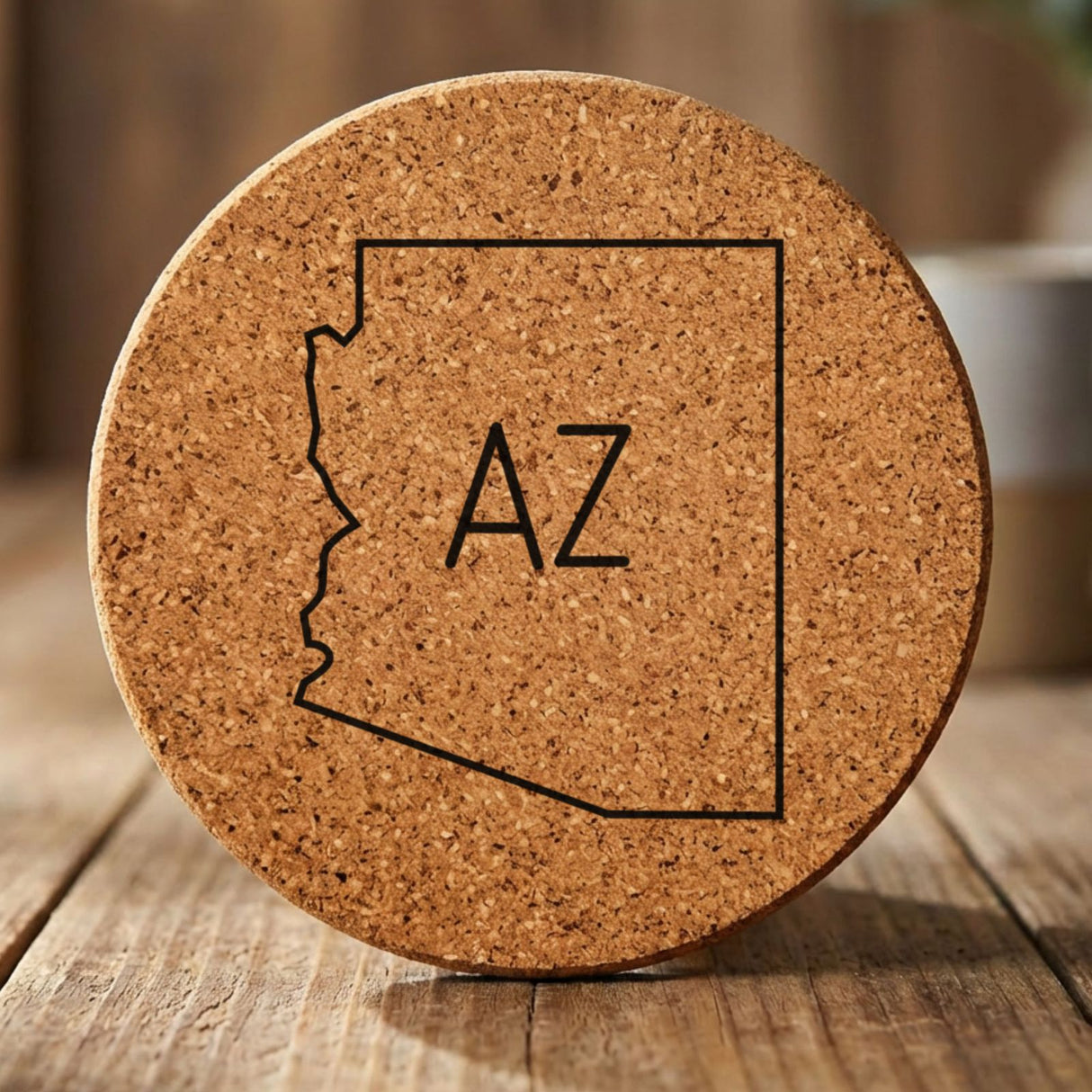 Arizona round cork coaster engraved with the state outline and AZ initials