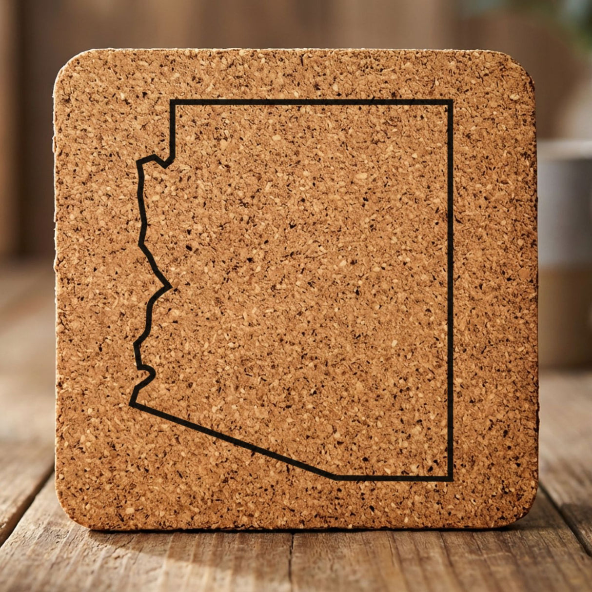 Arizona square cork coaster engraved with a clean state outline