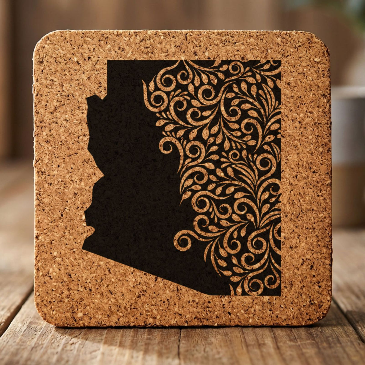 Arizona square cork coaster engraved with the state shape in ornate floral scrollwork