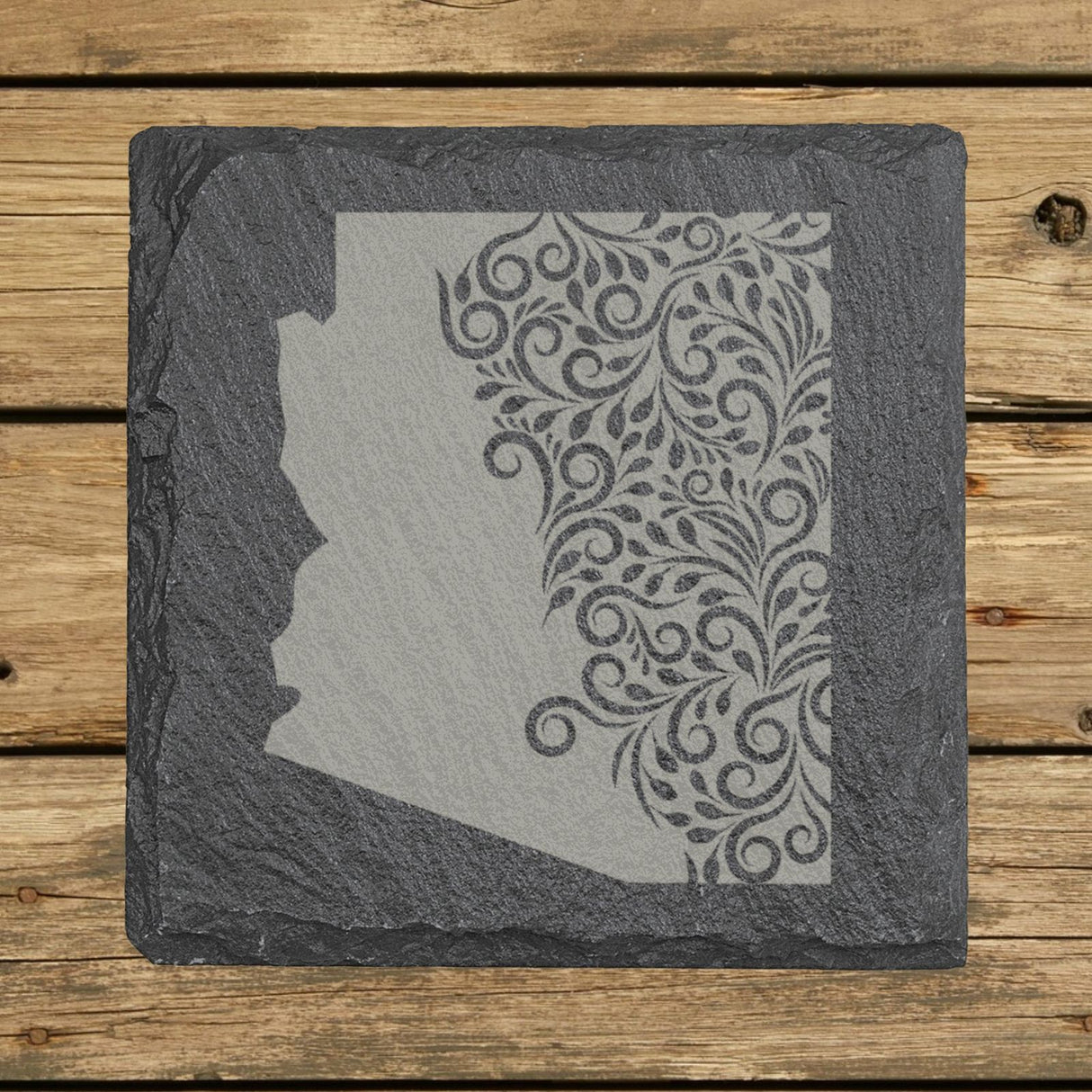 Arizona square slate coaster engraved with the state shape in ornate floral scrollwork