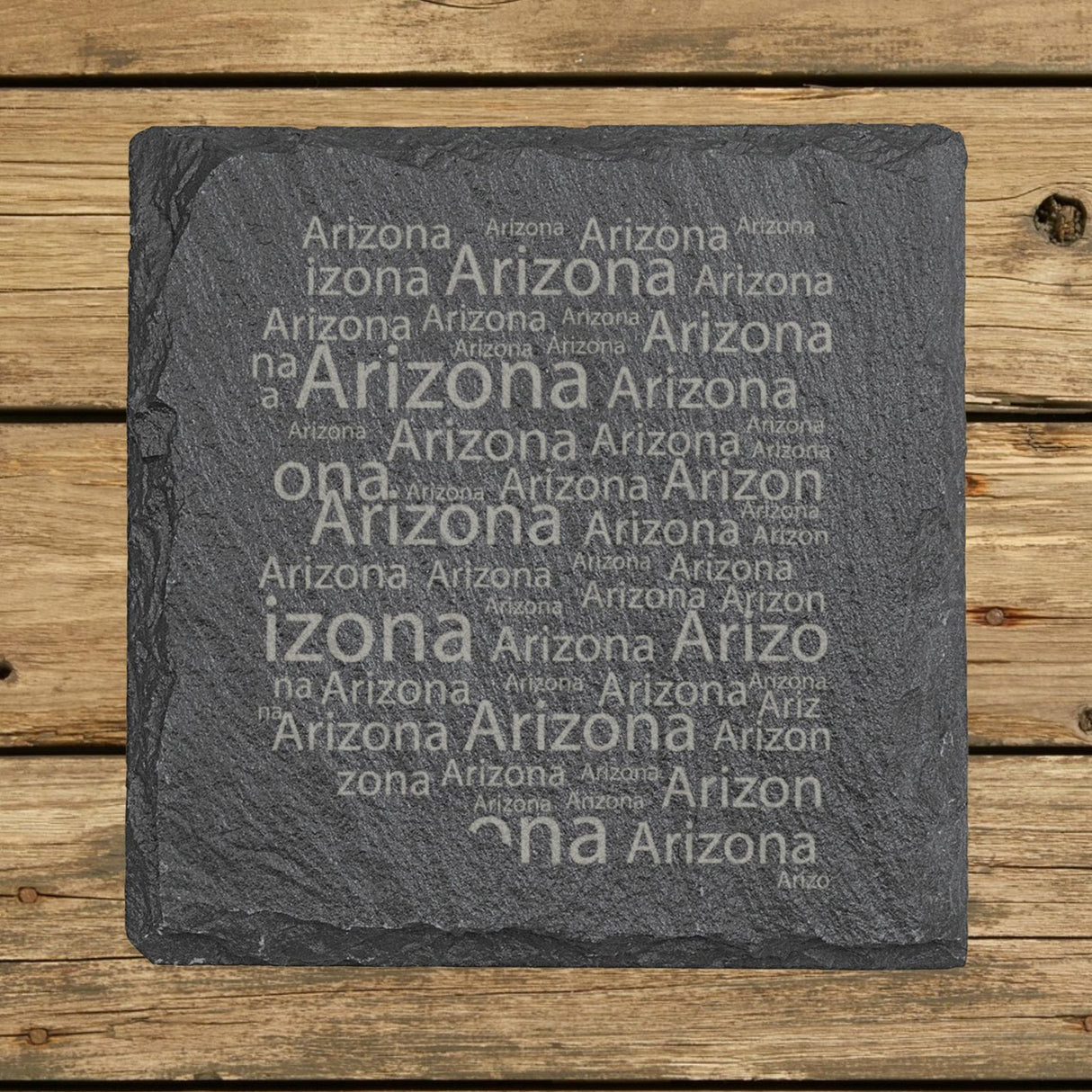 Arizona square slate coaster engraved with a word cloud of repeating Arizona text