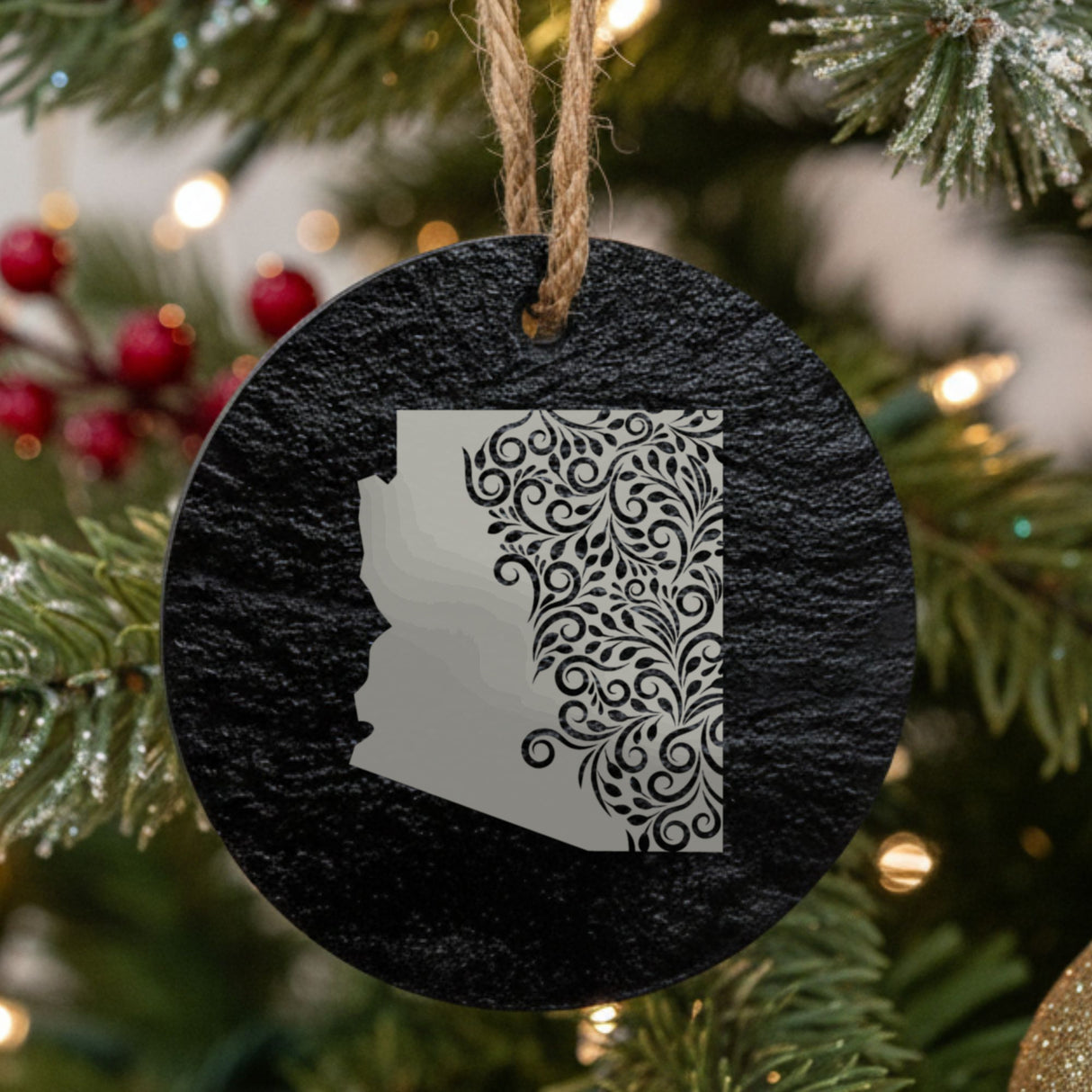 Arizona round slate Christmas ornament engraved with the state shape in ornate floral scrollwork