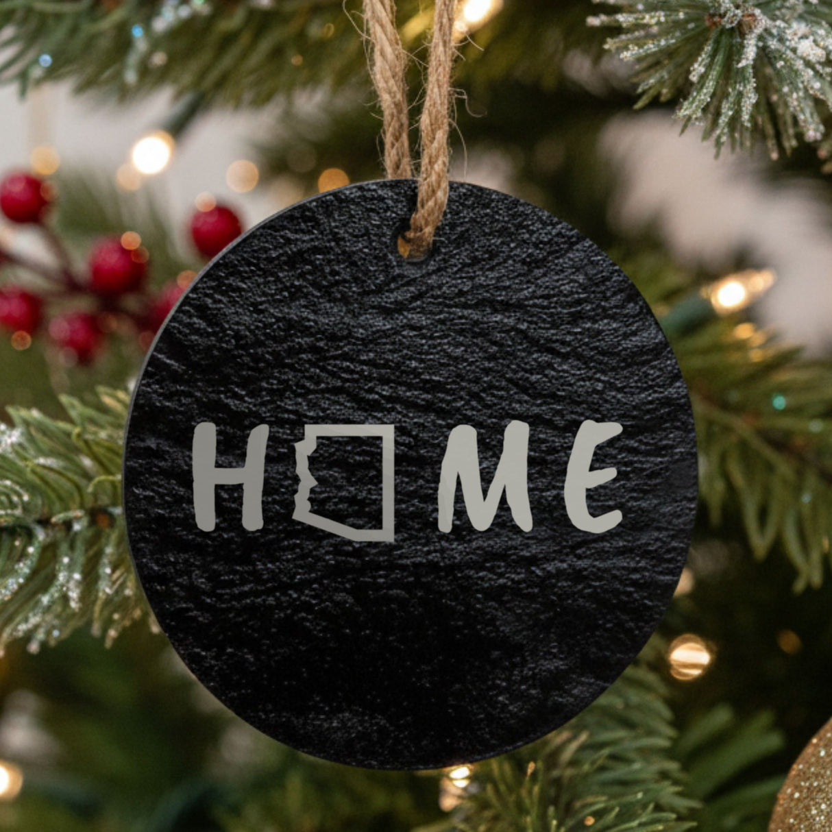 Arizona round slate Christmas ornament engraved with HOME using the state outline as the letter O