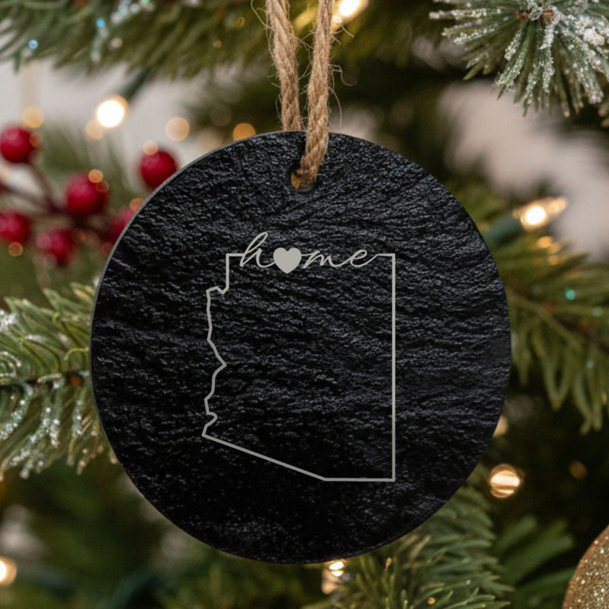 Arizona round slate Christmas ornament engraved with the state outline and home in script with a heart