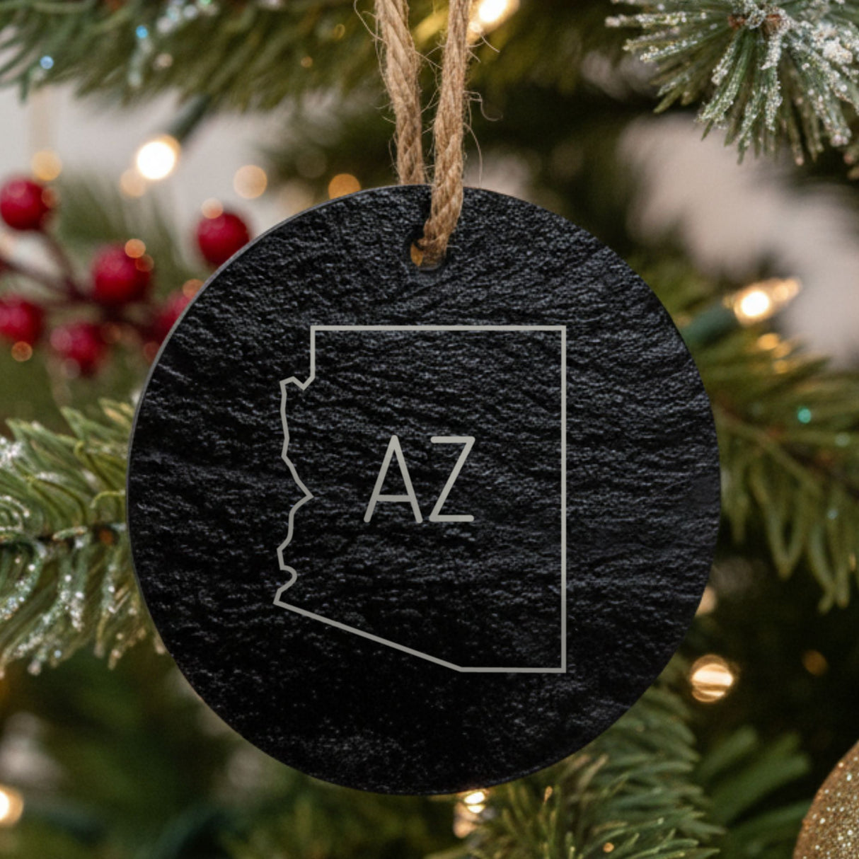 Arizona round slate Christmas ornament engraved with the state outline and AZ initials