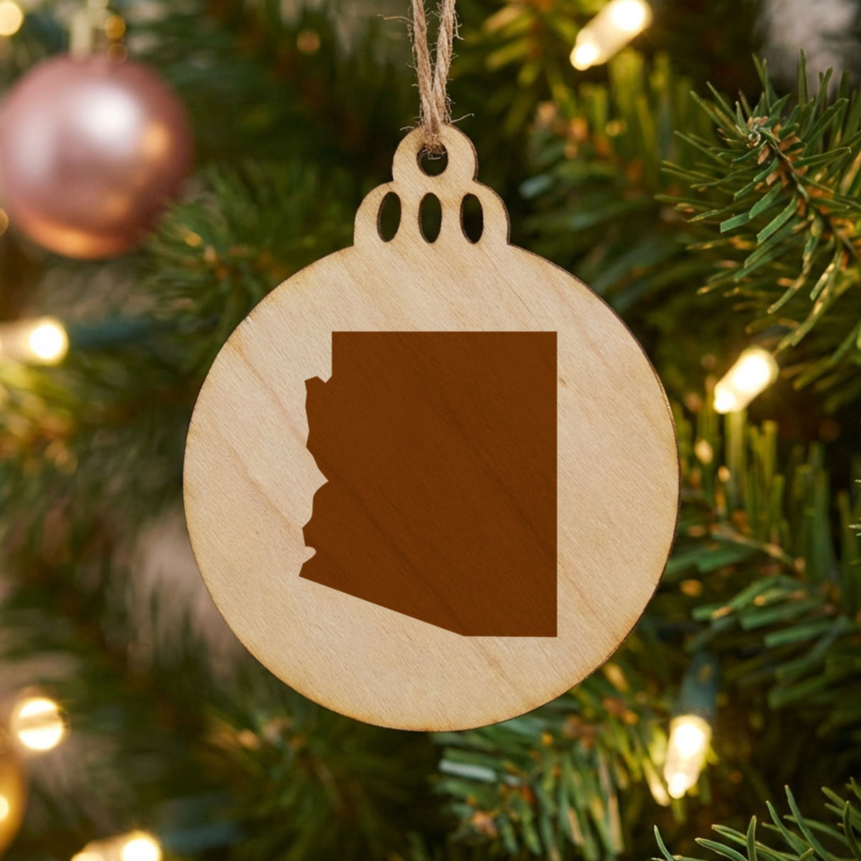 Arizona round wood Christmas ornament with the full state shape engraved