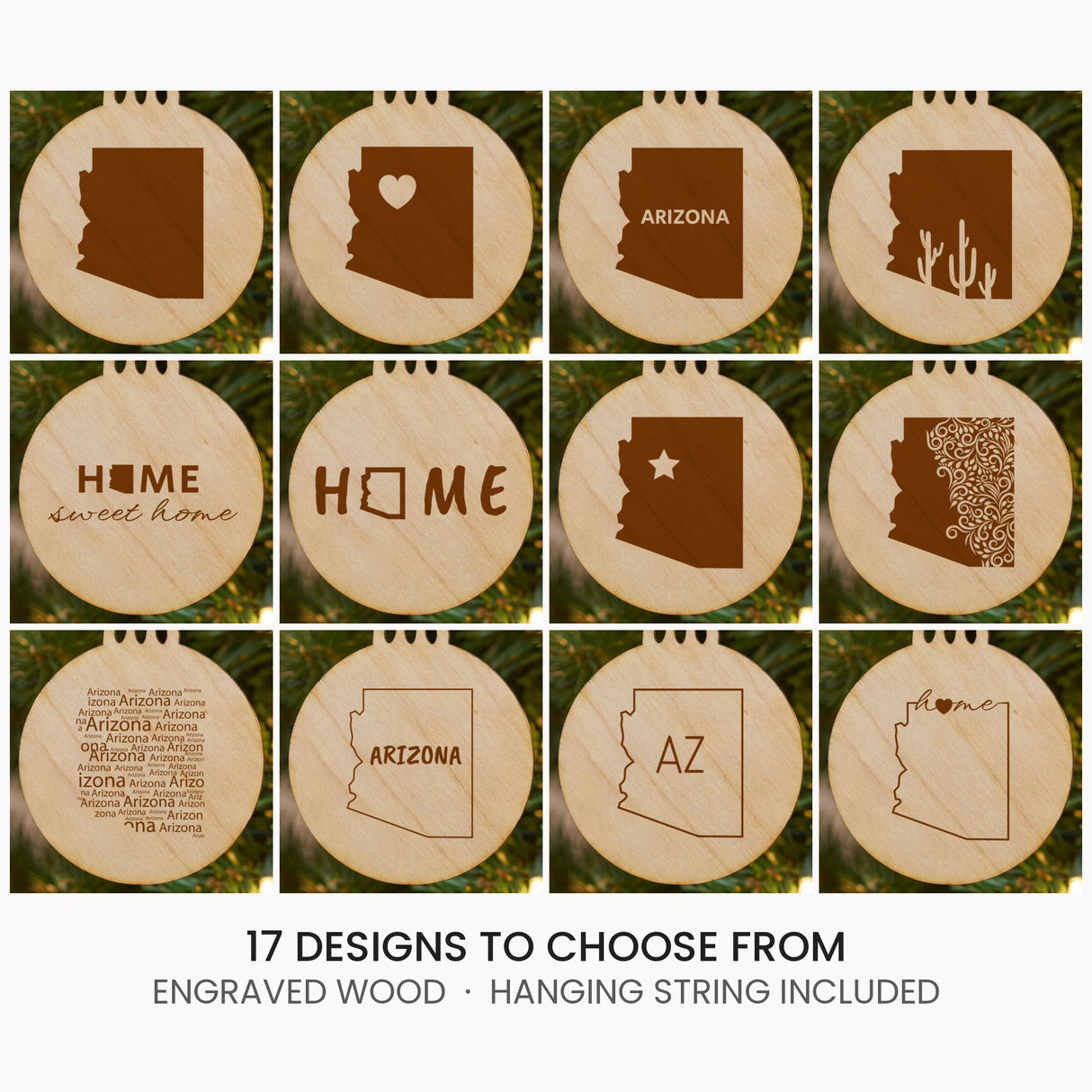 Arizona wood Christmas ornament, laser engraved natural wood