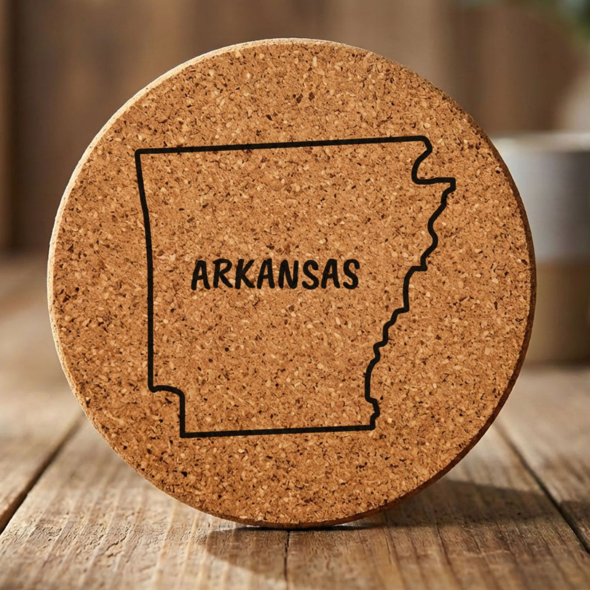 Arkansas round cork coaster engraved with the state outline and ARKANSAS in hand-drawn brush lettering