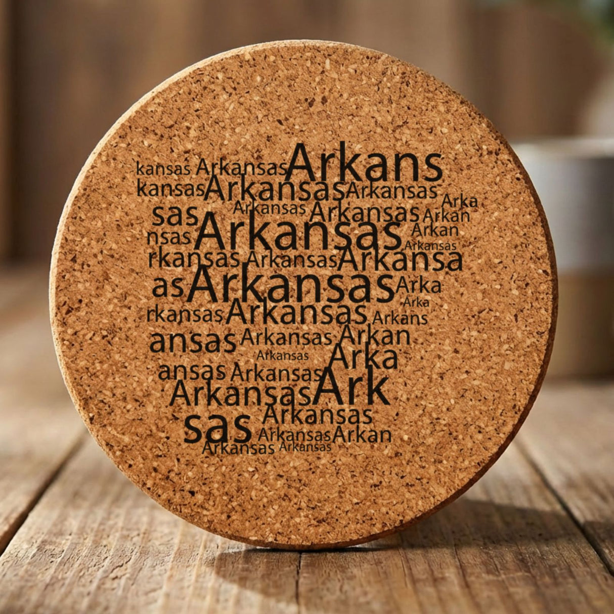Arkansas round cork coaster engraved with a word cloud of repeating Arkansas text