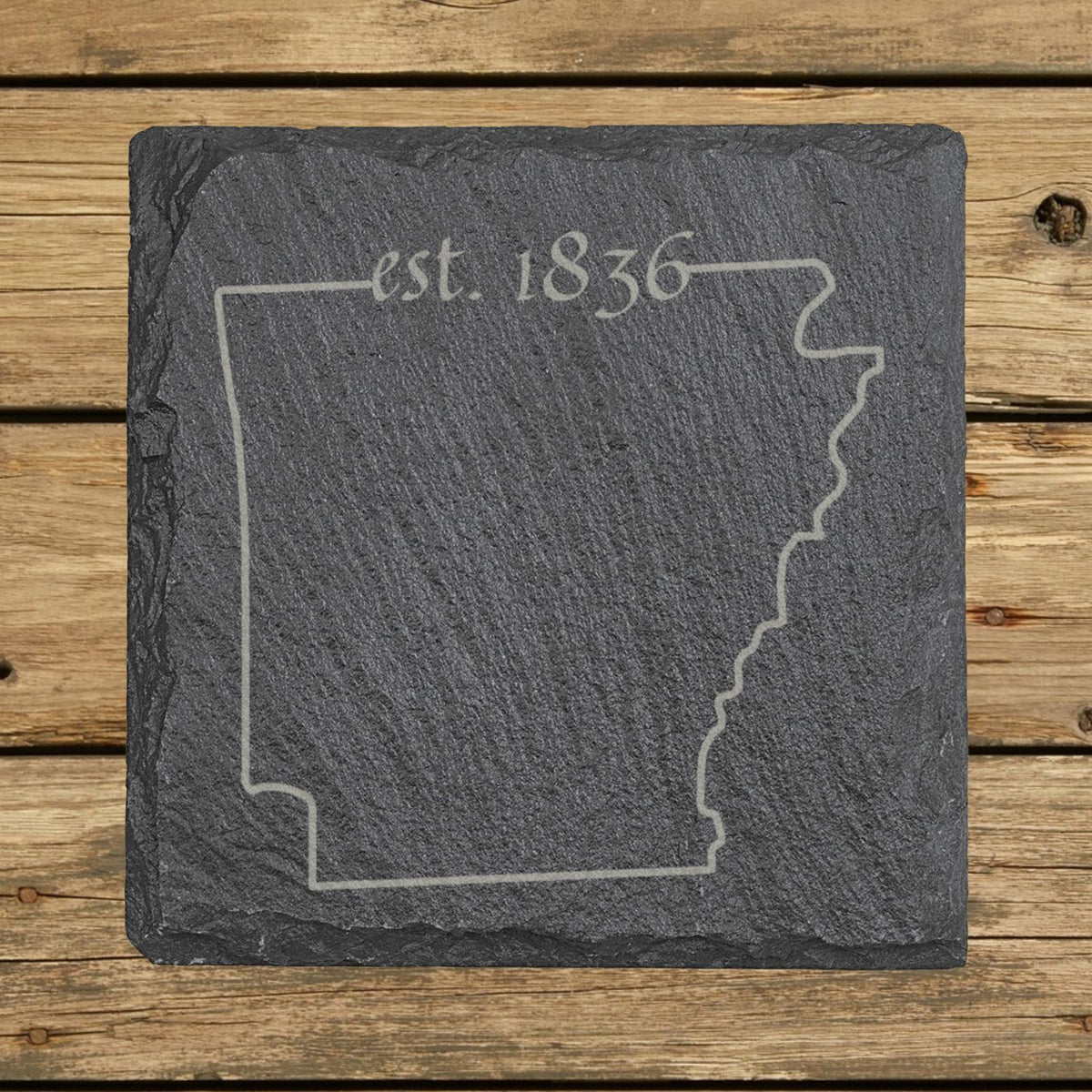 Arkansas square slate coaster engraved with the state outline and est. 1836