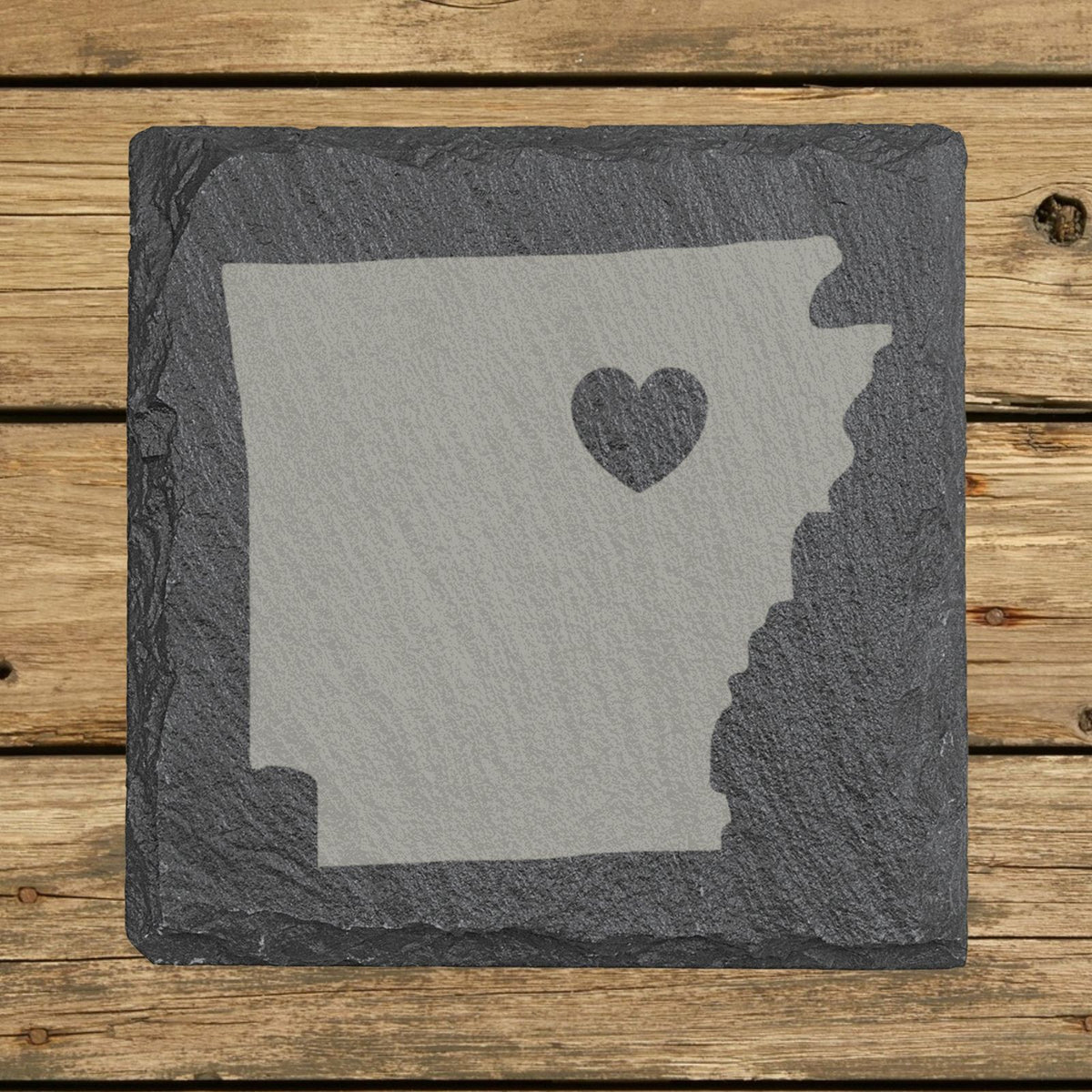 Arkansas square slate coaster engraved with the state shape and a heart