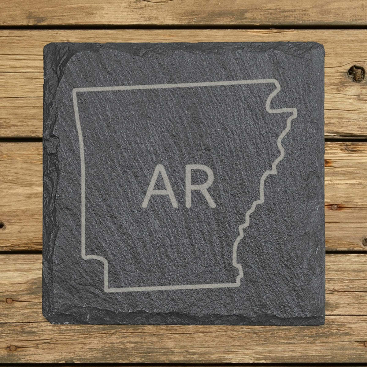 Arkansas square slate coaster engraved with the state outline and AR initials