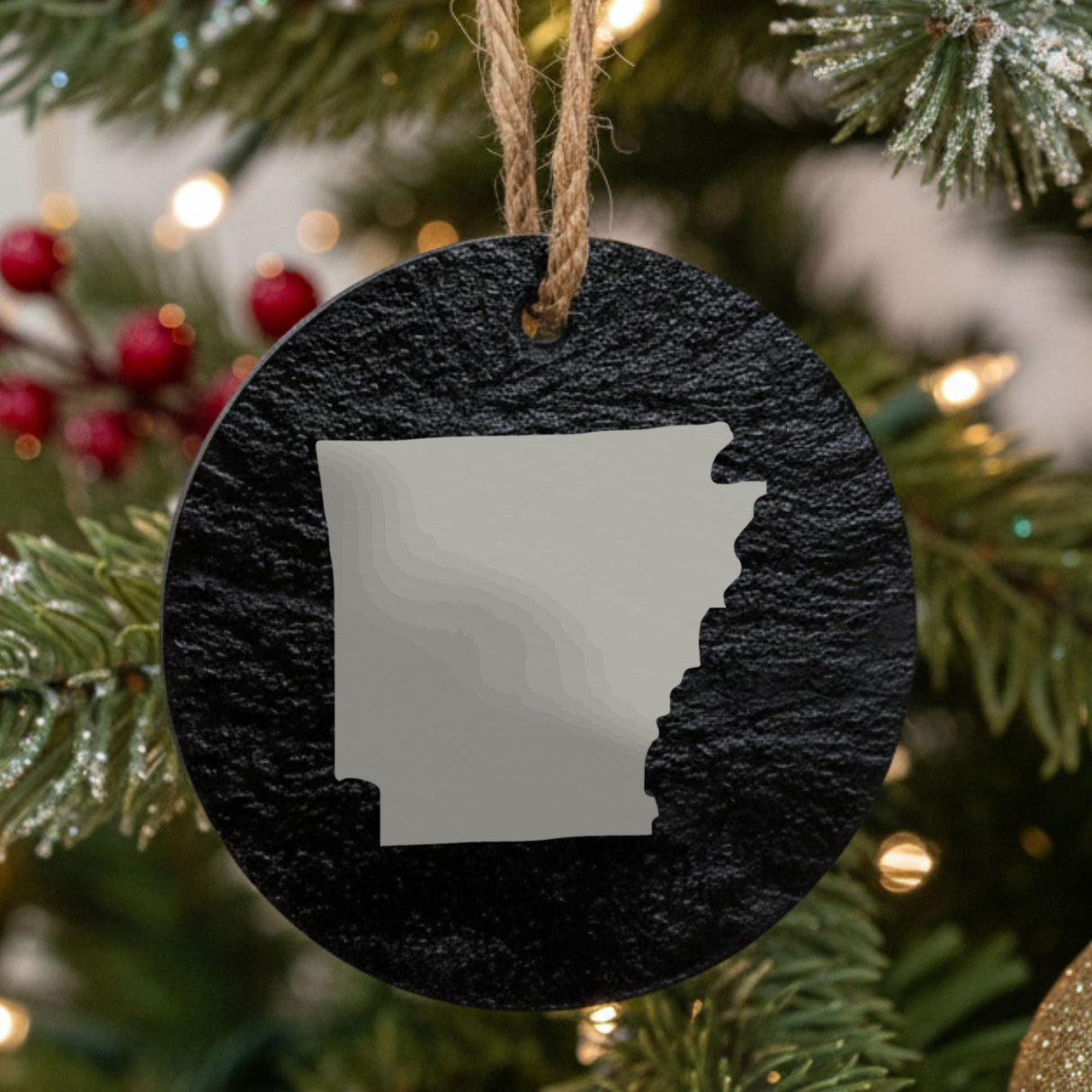 Arkansas round slate Christmas ornament with the full state shape engraved