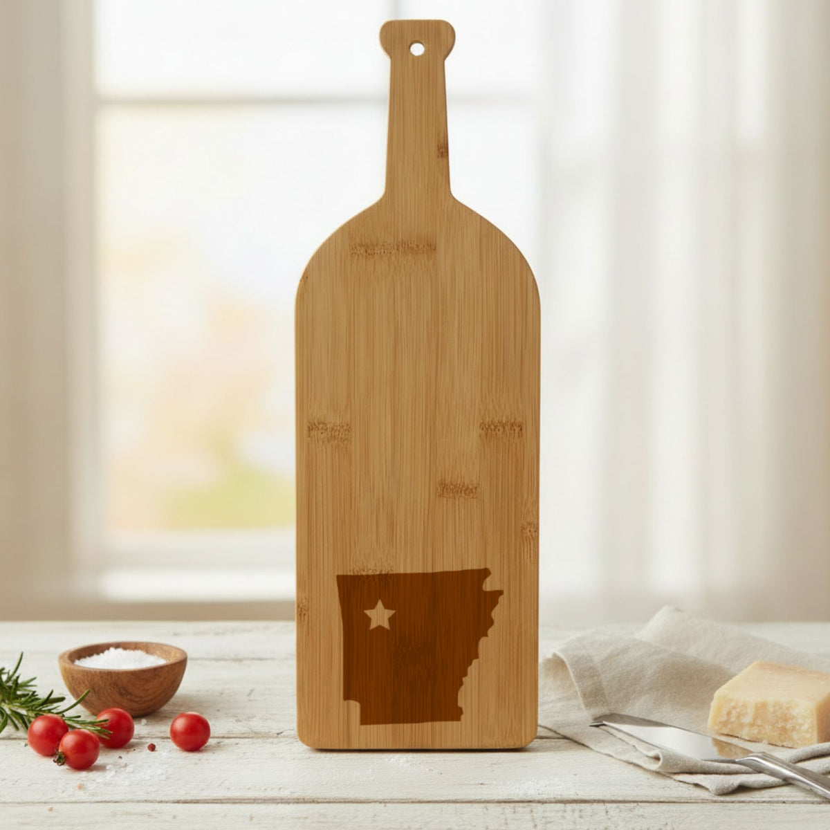 Bamboo wine bottle cutting board engraved with the Arkansas Star Accent design