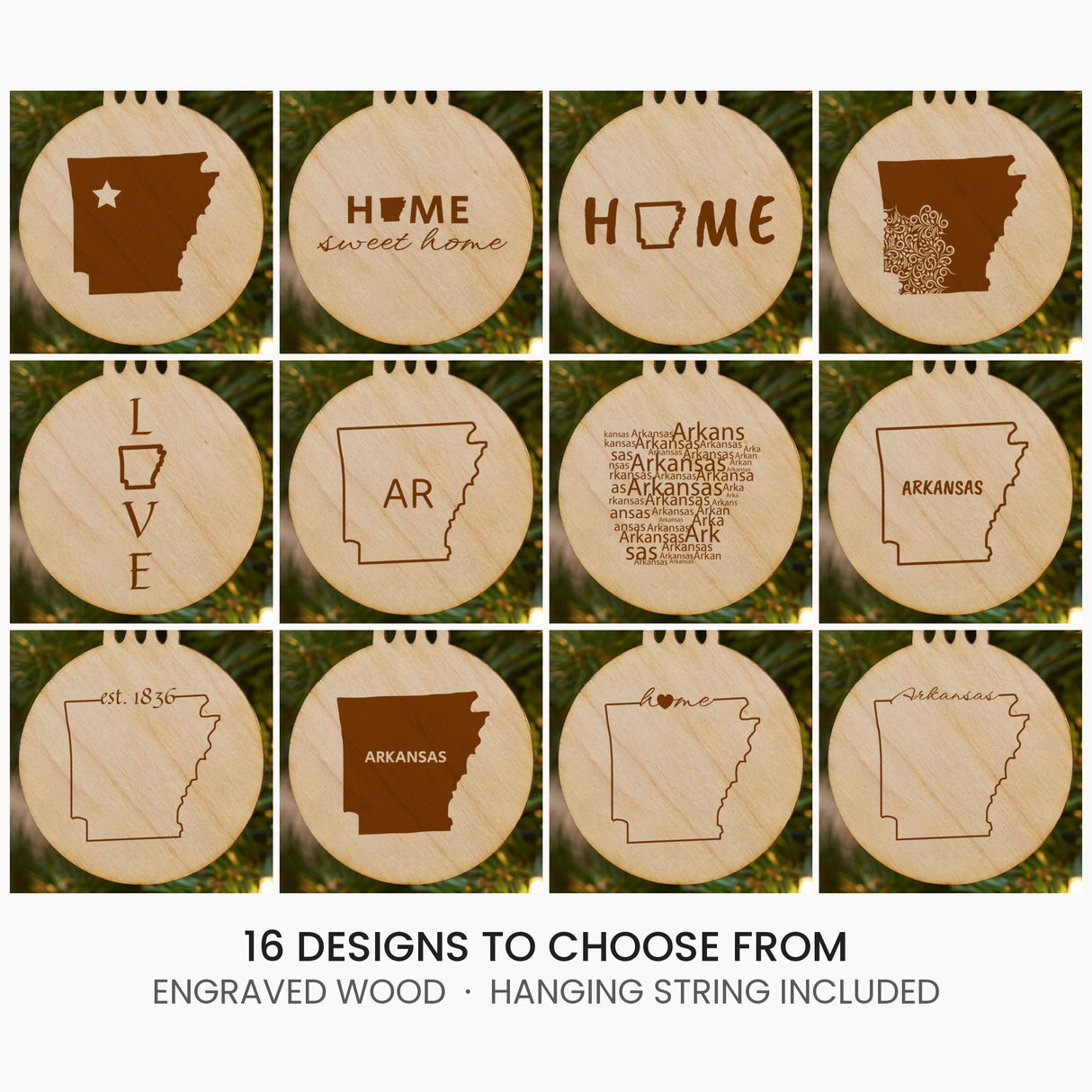 Arkansas wood Christmas ornament, laser engraved natural wood