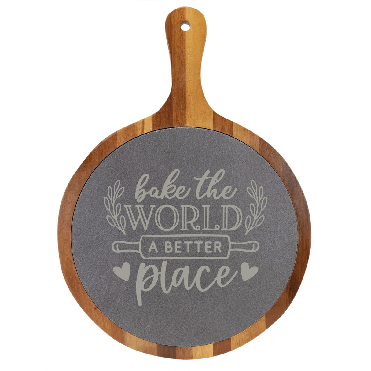 Laser Engraved "Bake the World a Better Place" Round Acacia Wood & Slate Cutting/Serving Board with Handle