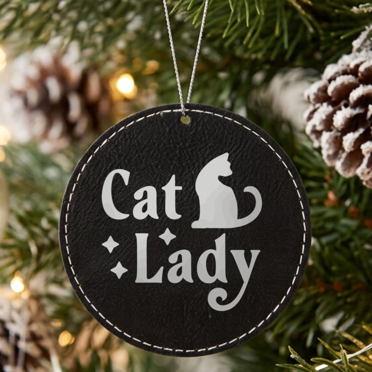 "Cat Lady" Leatherette Christmas Ornament, Laser Engraved
