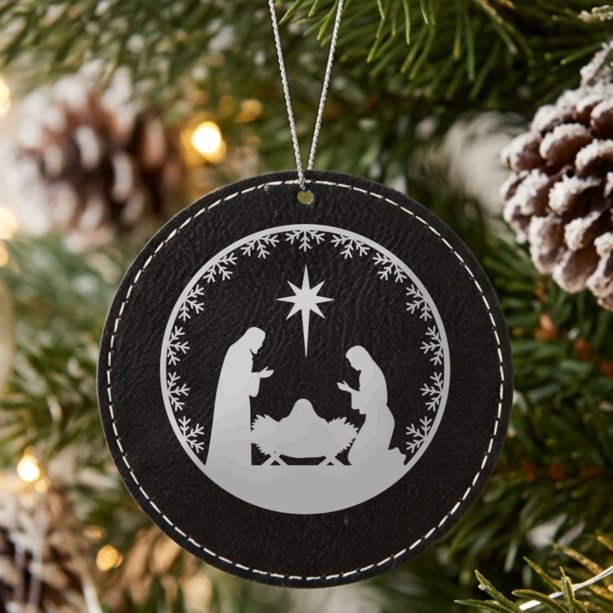 Black leatherette Christmas ornament engraved with Nativity Scene, Round design