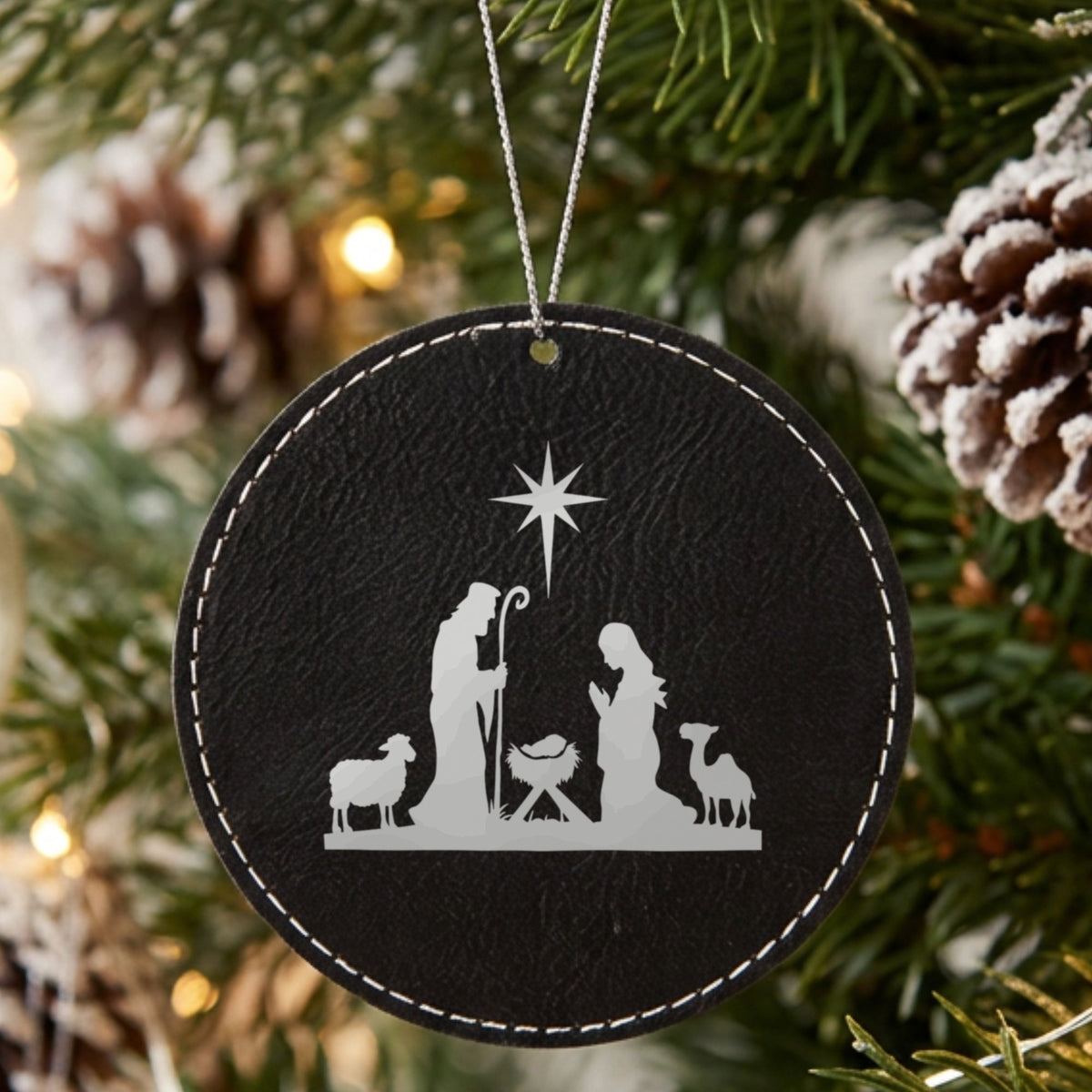 Black leatherette Christmas ornament engraved with Nativity Scene, Classic design