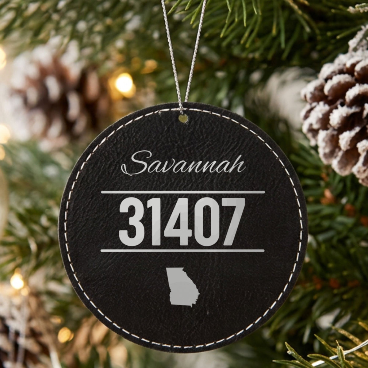 Black leatherette Christmas ornament laser engraved with the City and State Outline zip code design