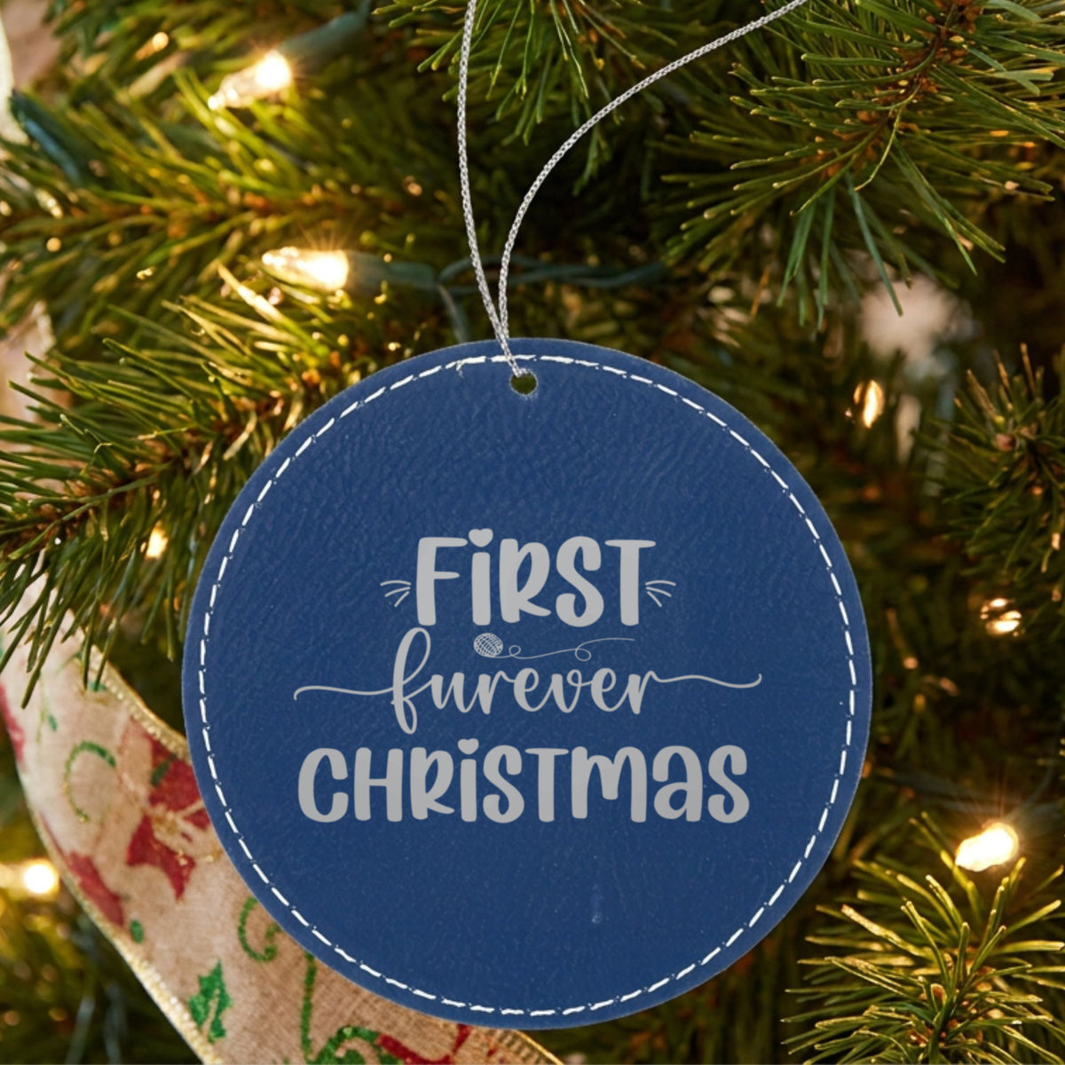 Blue First Furever Christmas leatherette ornament with your pet's name